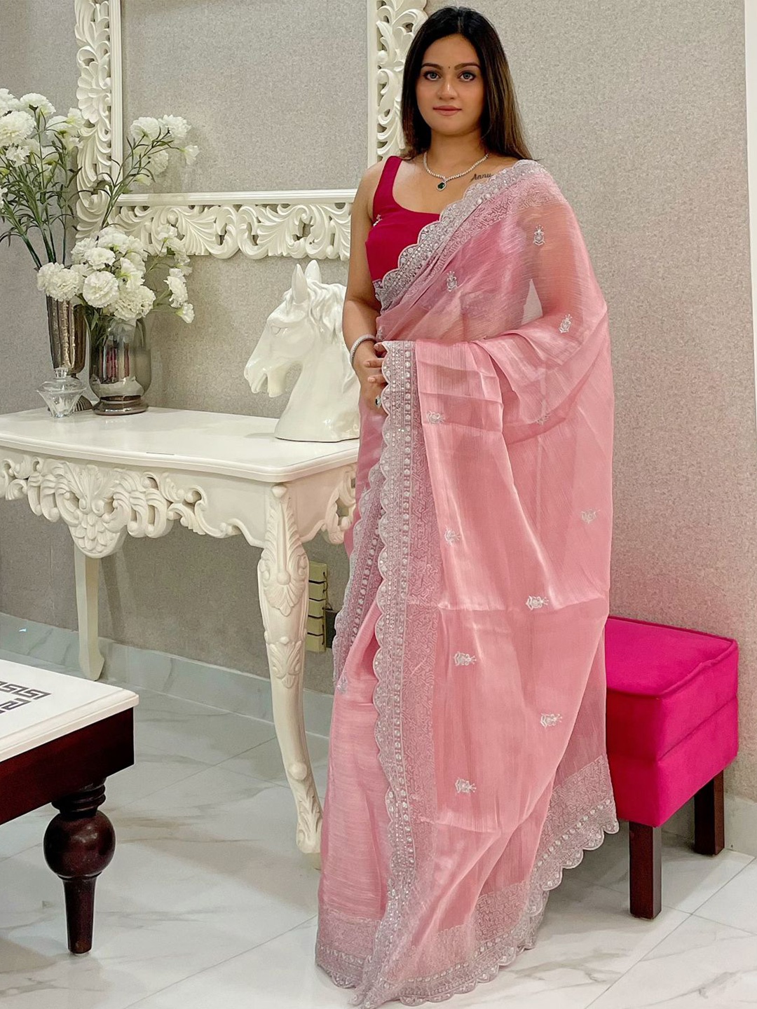 

Panzora Floral Embroidered Saree With Unstitched Blouse Piece, Pink
