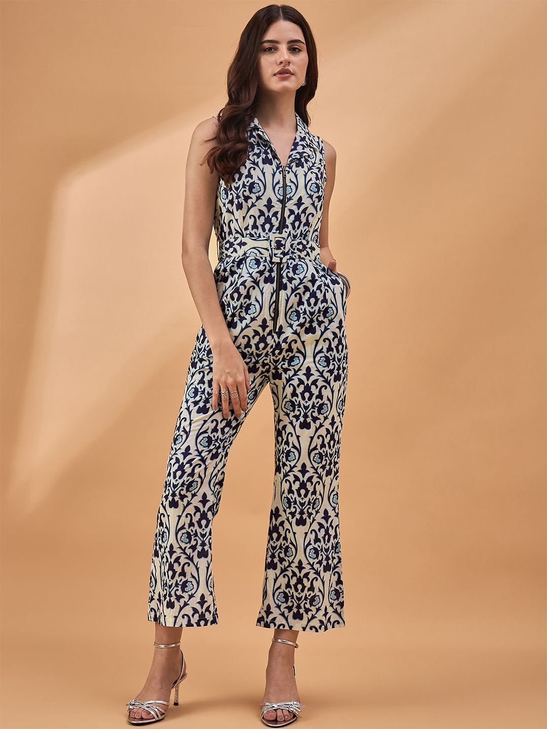 

all about you Women Shirt Collar Printed Basic Jumpsuit, Blue