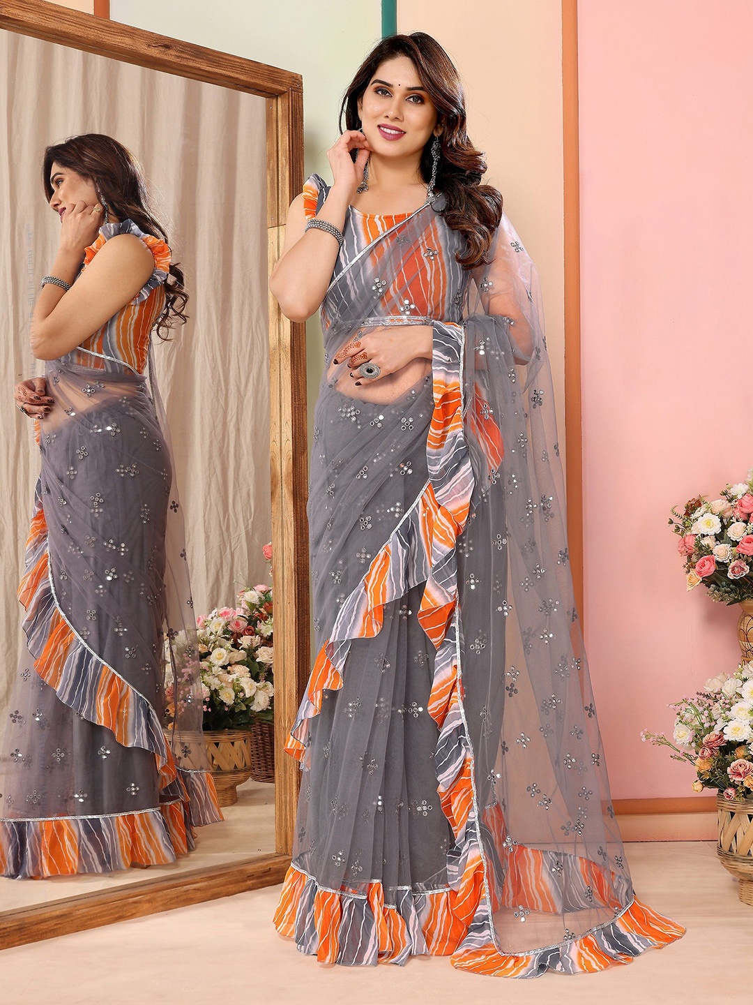 

VEDANT VASTRAM Embellished Mirror Work Net Ruffles Saree, Grey