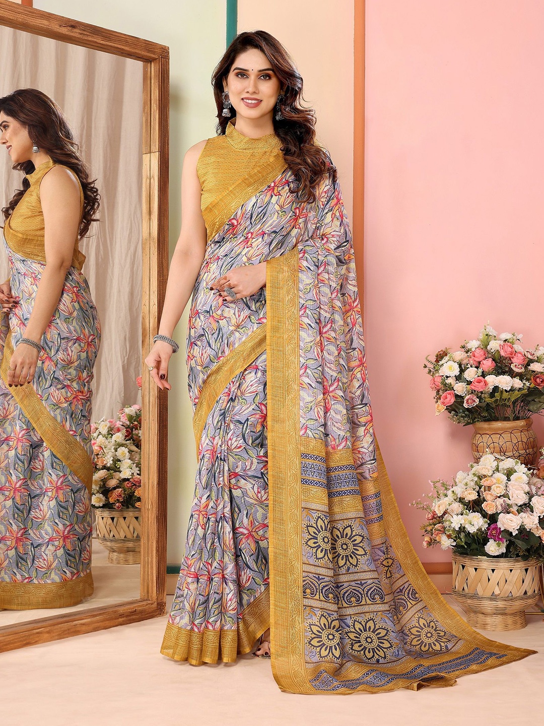 

VEDANT VASTRAM Floral Printed Saree, Yellow