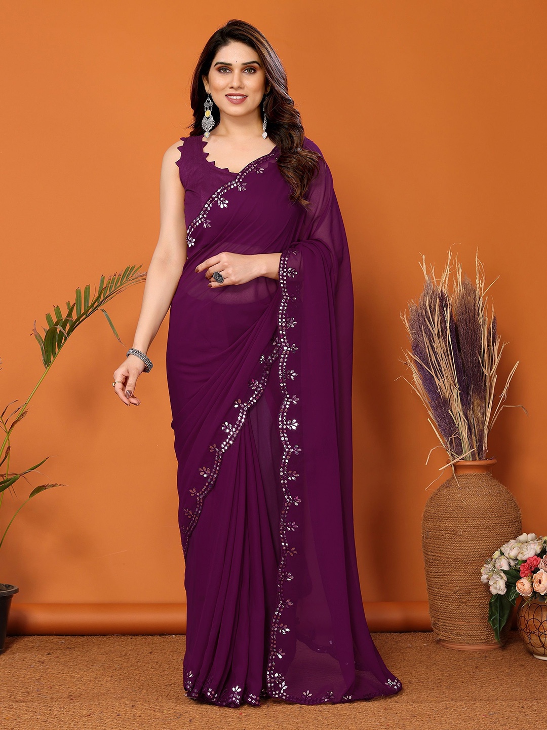 

VEDANT VASTRAM Women's Mirror Work Saree, Purple