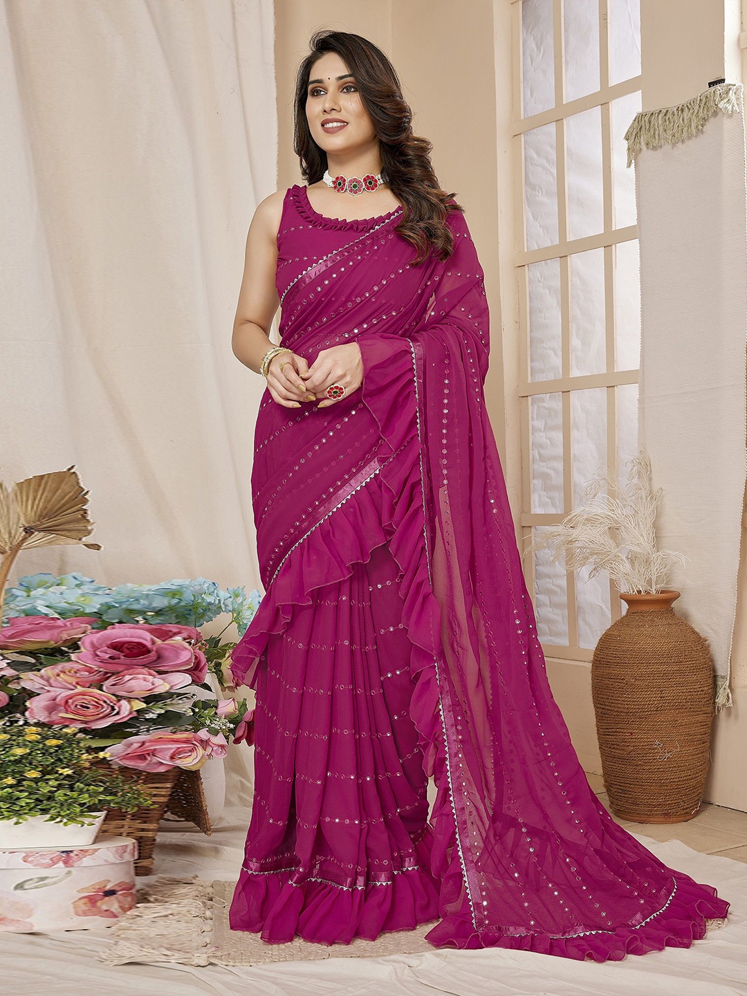 

VEDANT VASTRAM Embellished Mirror Work Ruffled Saree With Blouse Piece, Pink