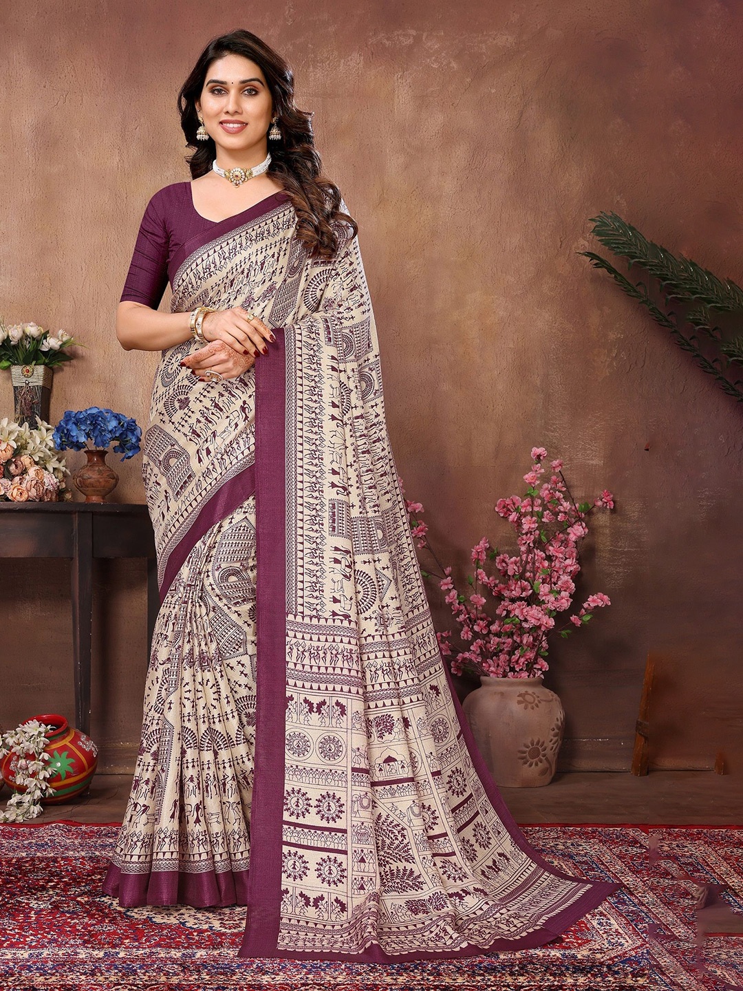 

VEDANT VASTRAM Warli Printed Saree With Unstitched Blouse Piece, Purple