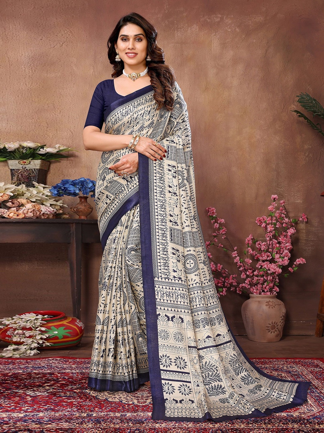 

VEDANT VASTRAM Warli Printed Border Saree, Blue