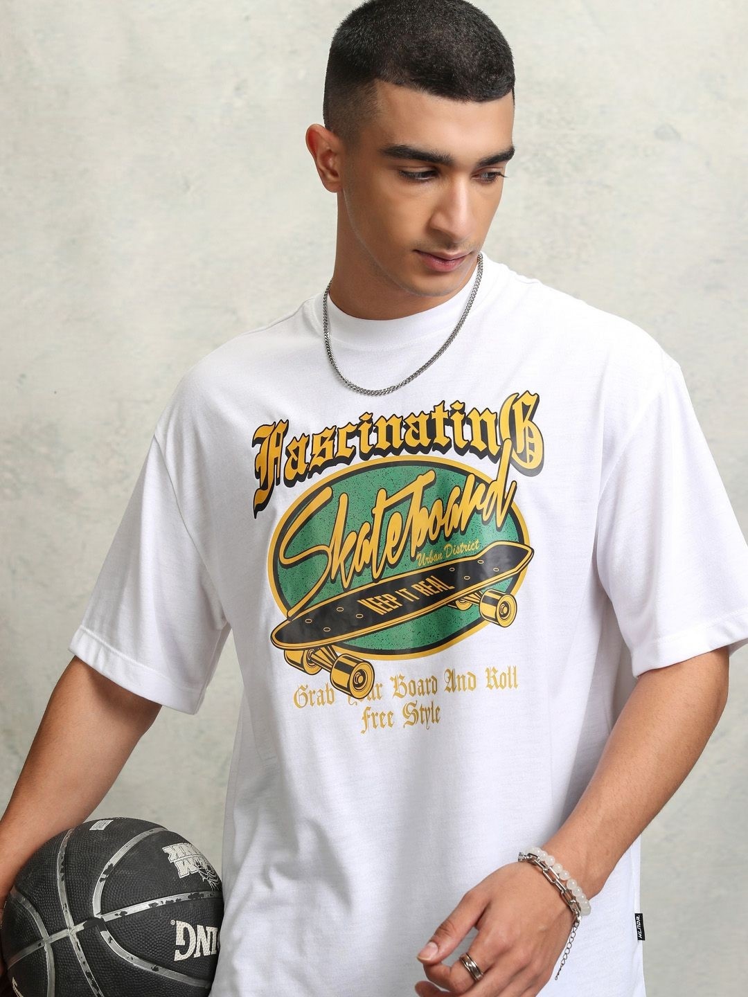 

HIGHLANDER Men Typography Printed Round Neck Polyester Oversized T-Shirt, White