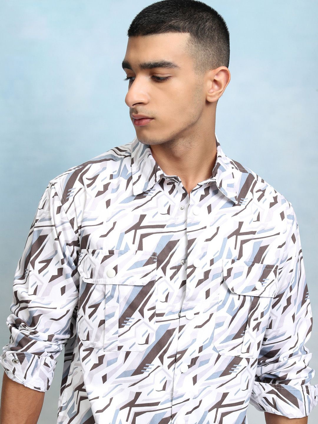 

HIGHLANDER Men Spread Collar Abstract Printed Cotton Oversized Casual Shirt, Brown