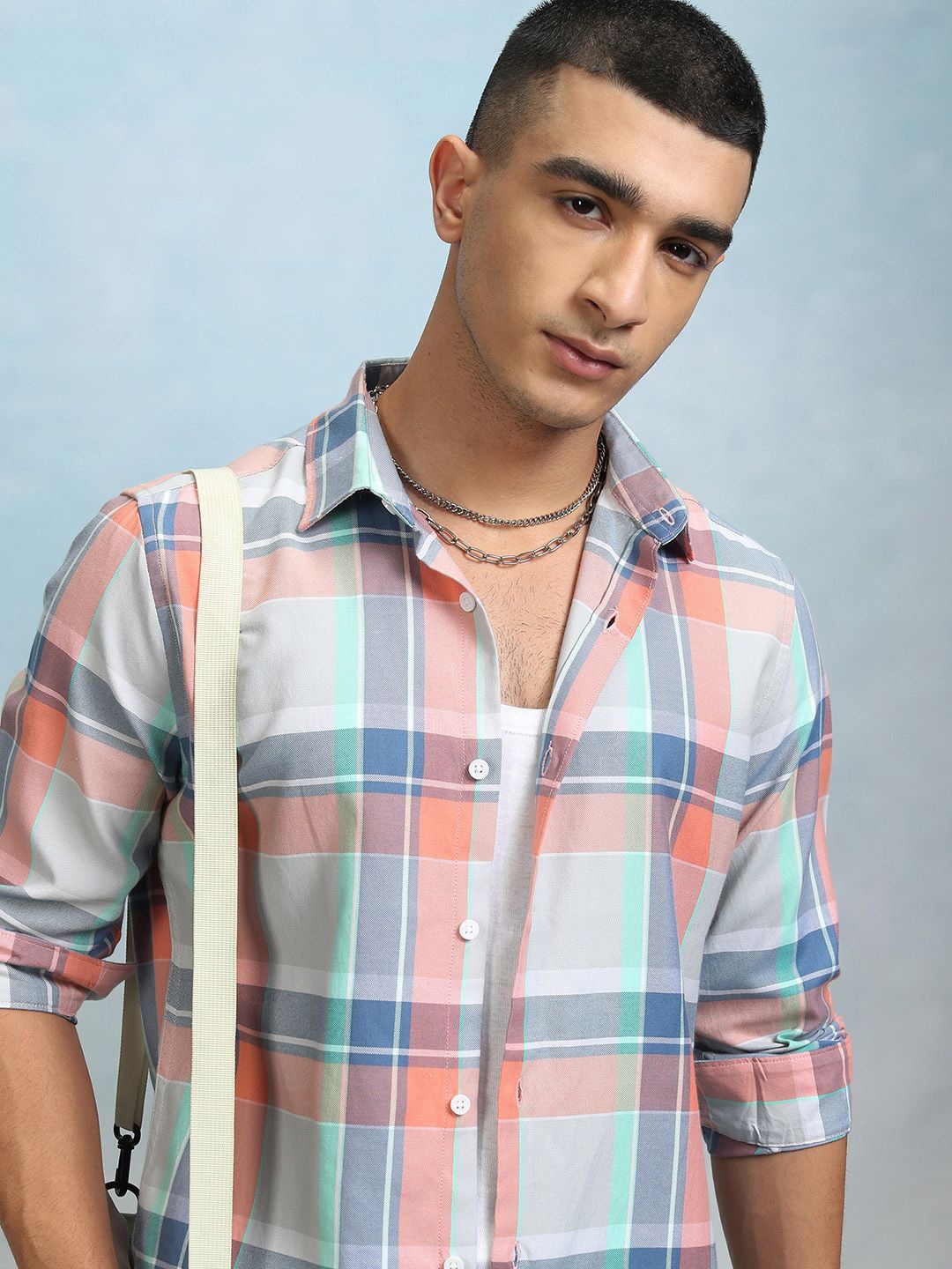 

HIGHLANDER Men Spread Collar Tartan Checks Checked Cotton Casual Shirt, Grey