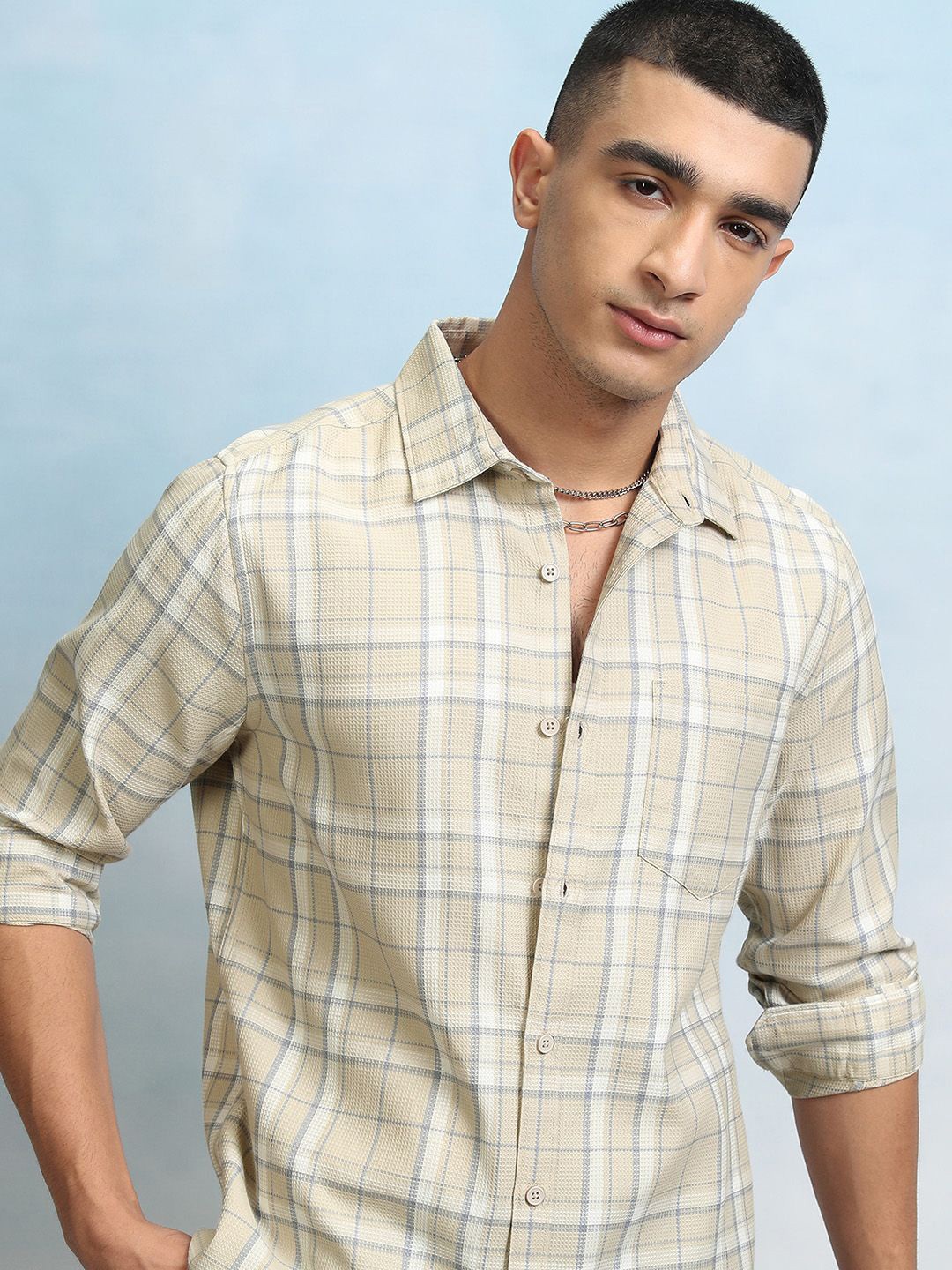 

HIGHLANDER Men Spread Collar Tartan Checks Checked Cotton Casual Shirt, Beige