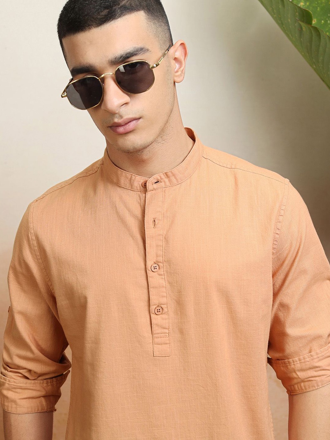 

HIGHLANDER Men Mandarin Collar Solid Cotton Casual Shirt, Rust