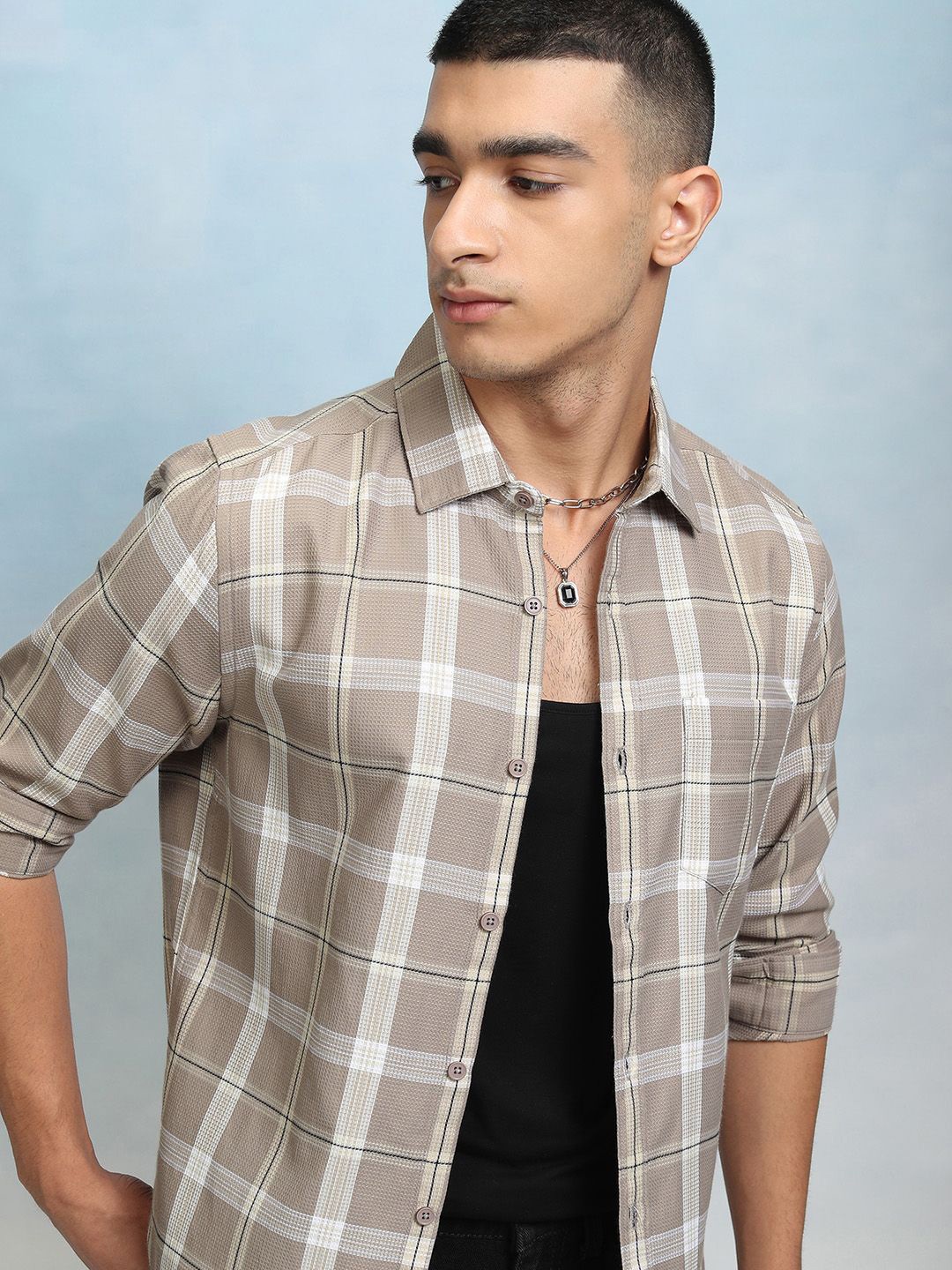 

HIGHLANDER Men Spread Collar Tartan Checks Cotton Casual Shirt, Khaki