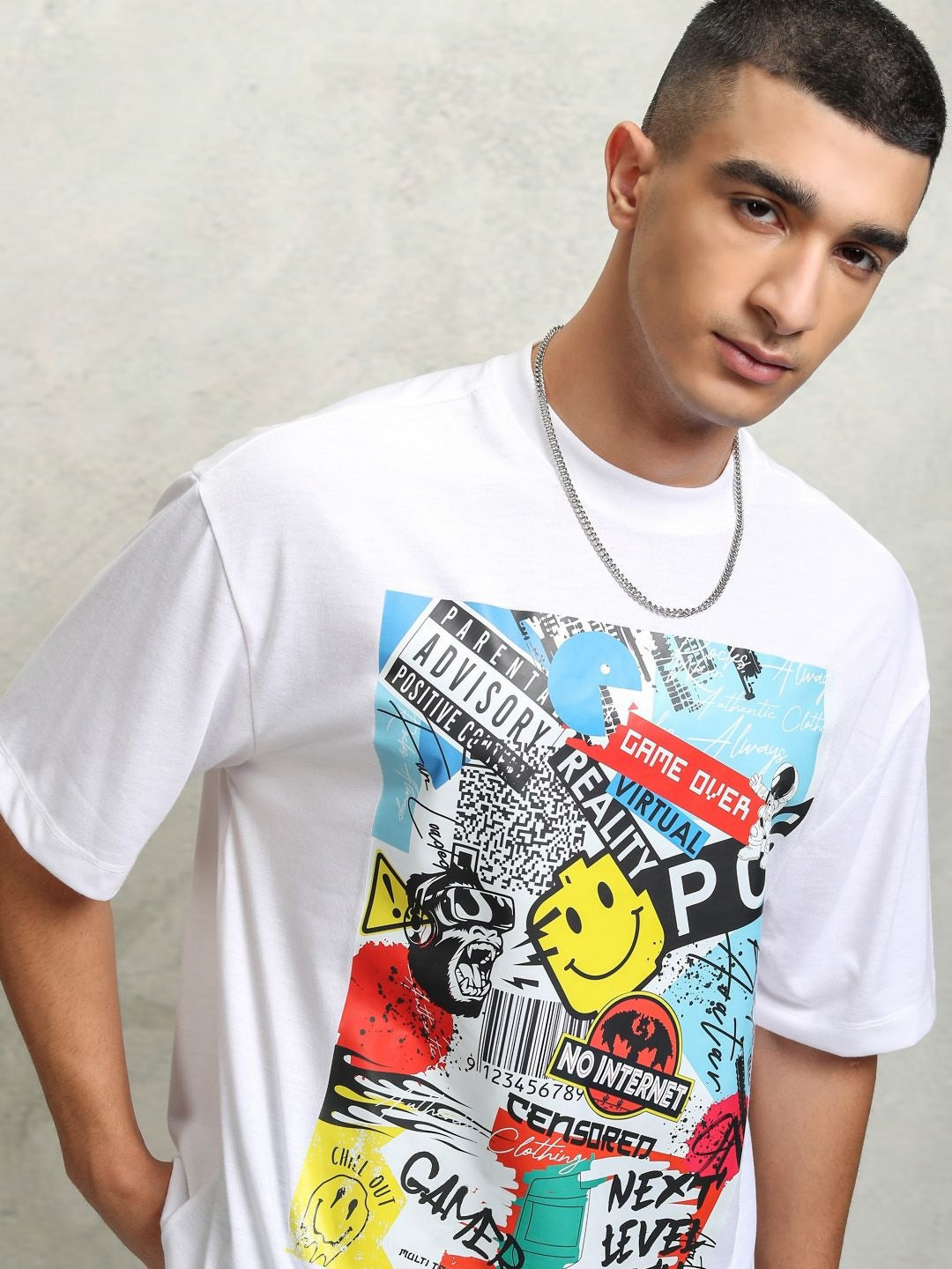 

HIGHLANDER Men Typography Printed Round Neck Polyester Oversized T-Shirt, White