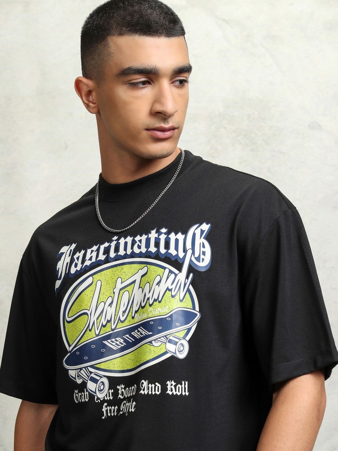 HIGHLANDER Men Typography Printed Round Neck Polyester Oversized T-Shirt, Black