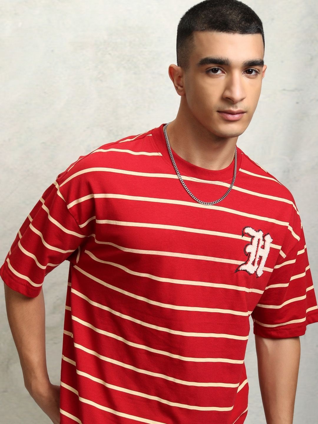 

HIGHLANDER Men Multi or Variegated Striped Round Neck Cotton Oversized T-Shirt, Maroon