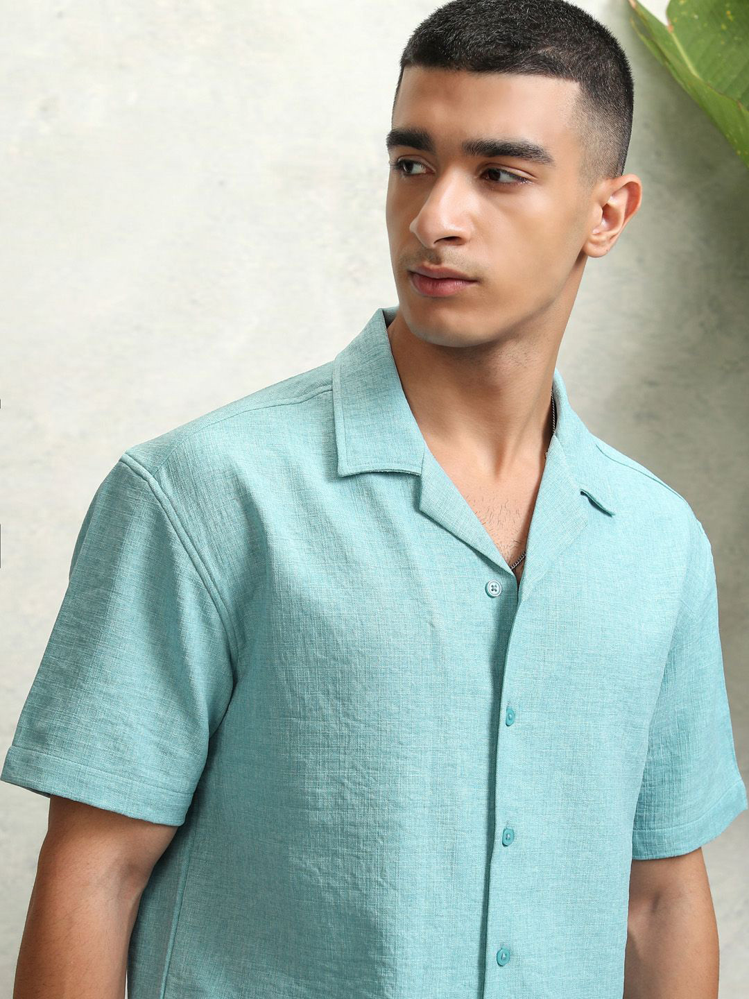 

HIGHLANDER Men Cuban Collar Solid Cotton Relaxed Fit Casual Shirt, Blue