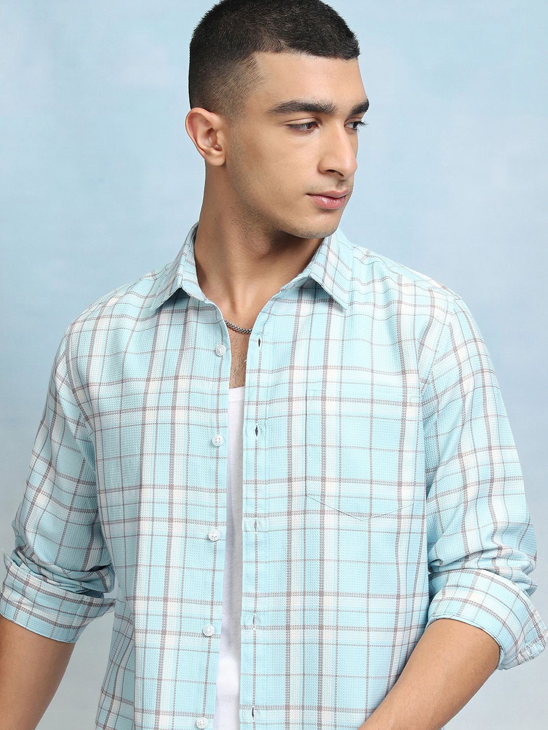 

HIGHLANDER Men Spread Collar Tartan Checks Checked Cotton Casual Shirt, Blue