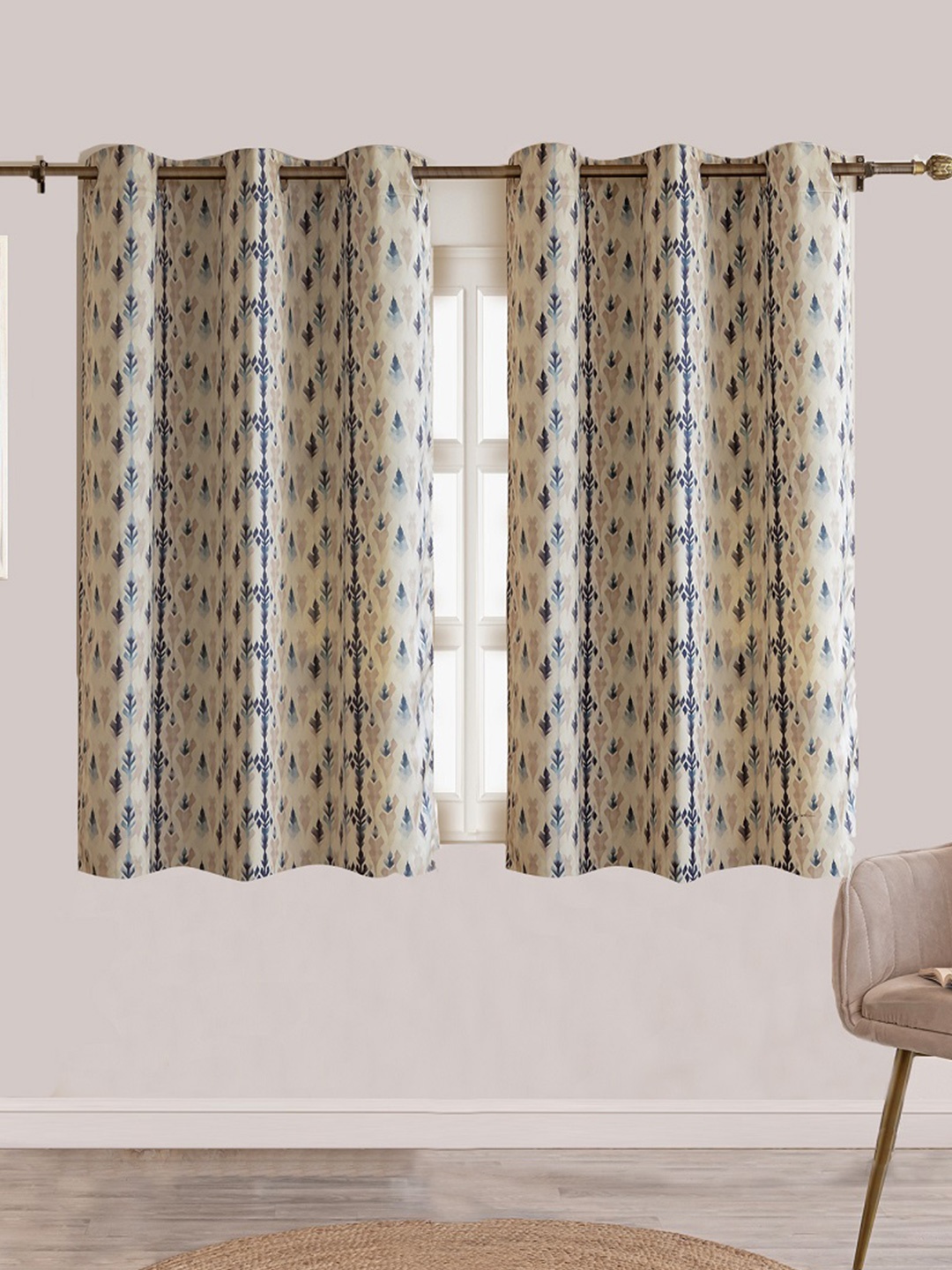 

HOMEMONDE Navy Blue & Beige 2 Pieces Ethnic Motifs Black Out Window Curtains