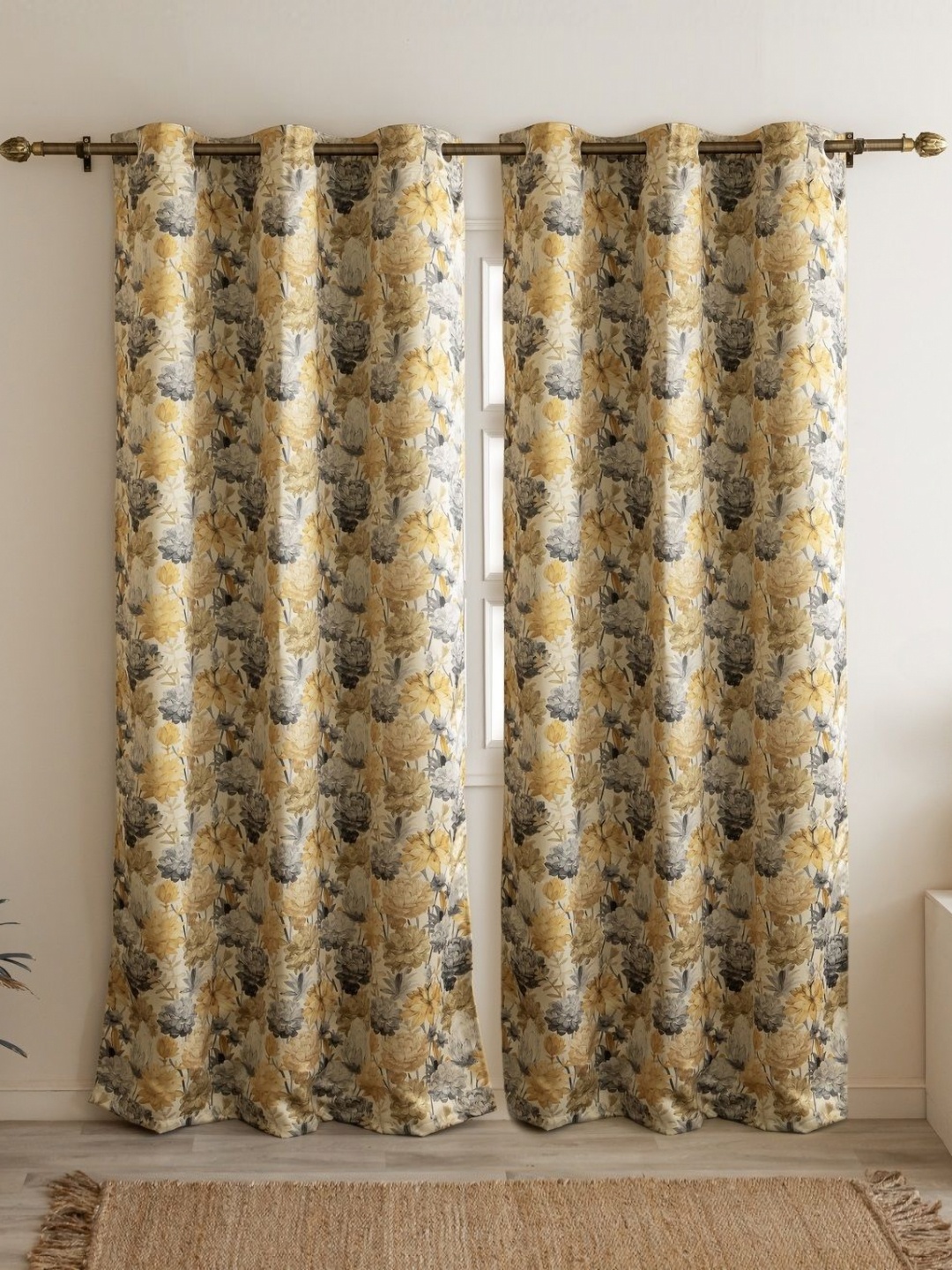 

HOMEMONDE Yellow & Grey 2 Pieces Floral Printed Black Out Window Curtains