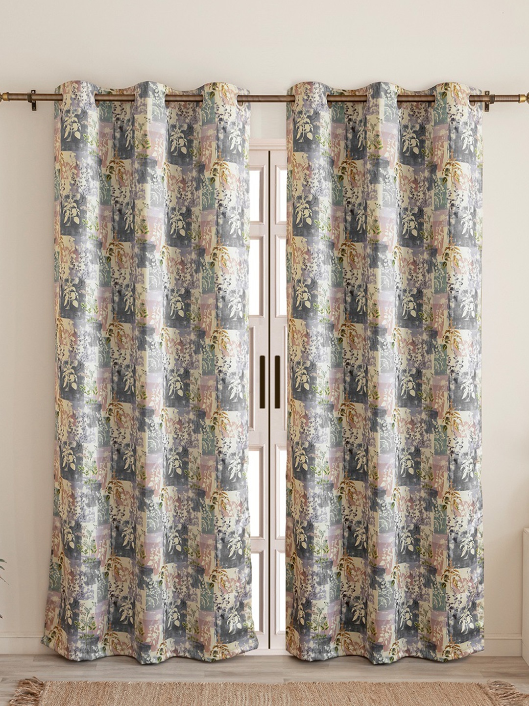 HOMEMONDE Grey & Peach 2 Pieces Floral Printed Black Out Door Curtains
