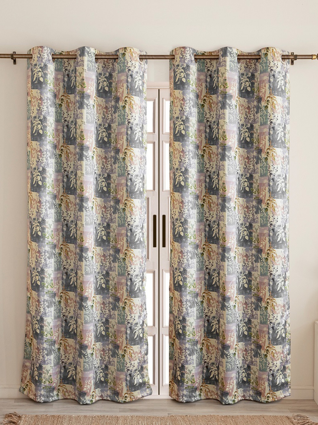 

HOMEMONDE Grey & Peach 2 Pieces Floral Printed Black Out Long Door Curtains