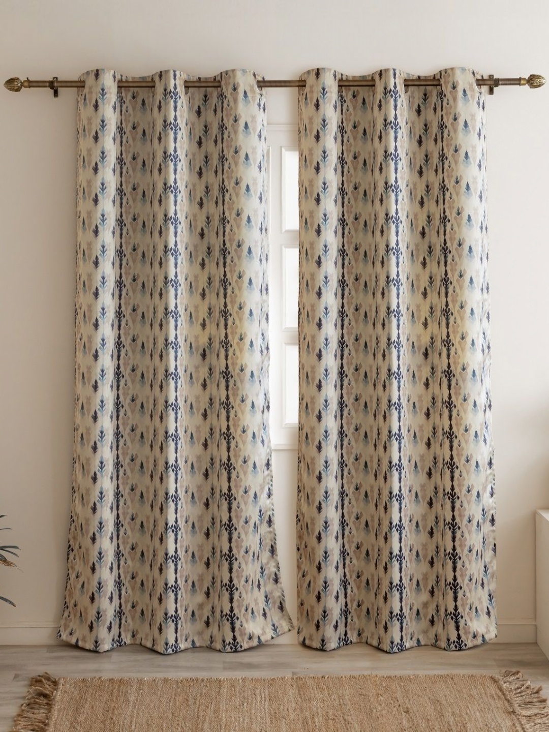 

HOMEMONDE Navy Blue & Beige 2 Pieces Floral Black Out Door Curtain