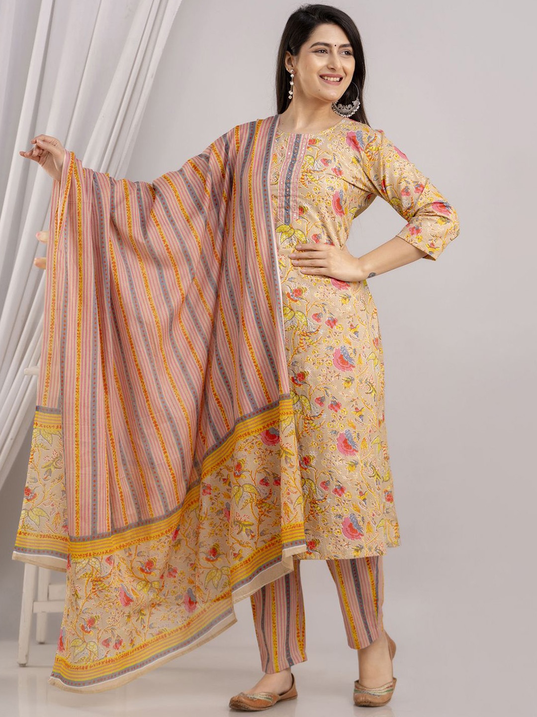 

FrionKandy Floral Printed Straight Sequinned Pure Cotton Kurta with Trousers & Dupatta, Beige