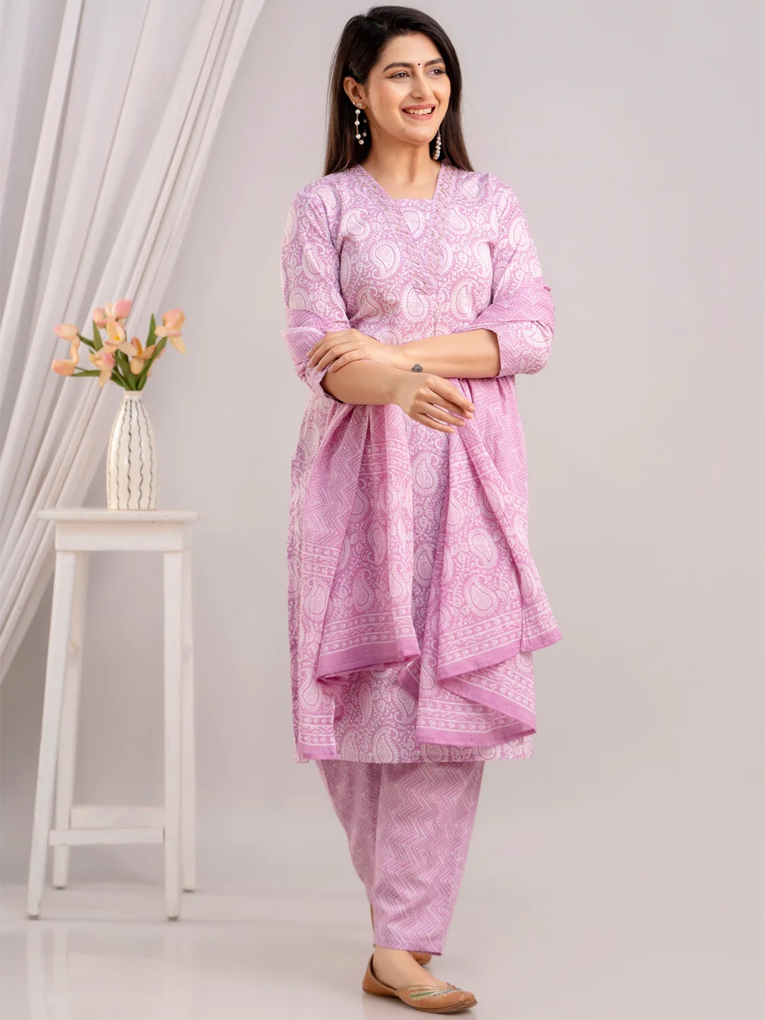 

FrionKandy Paisley Printed A-Line Beads & Stones Pure Cotton Kurta with Trousers & Dupatta, Lavender