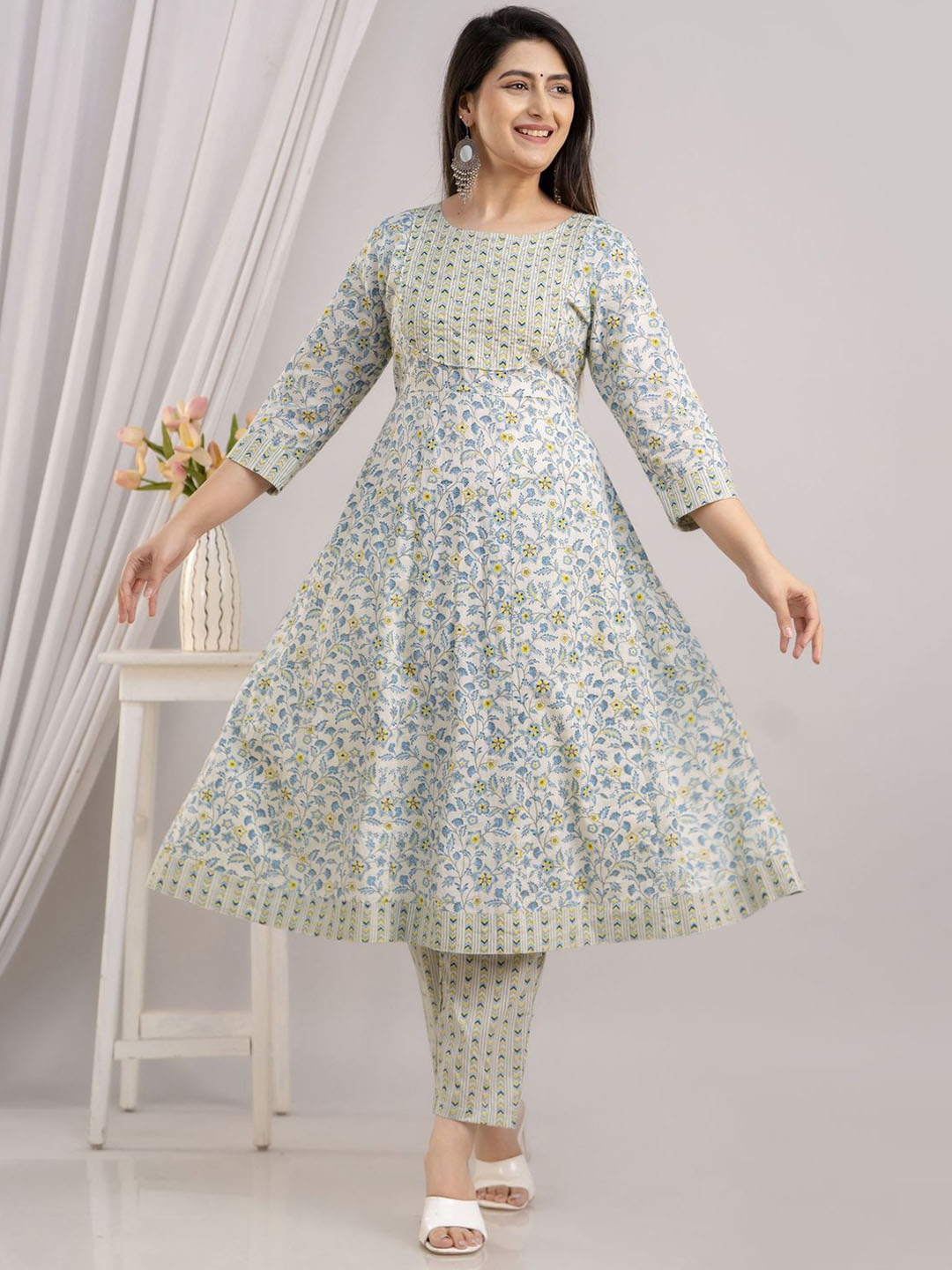 

FrionKandy Floral Printed Sequinned Pure Cotton A-Line Kurta With Trousers & Dupatta, Turquoise blue