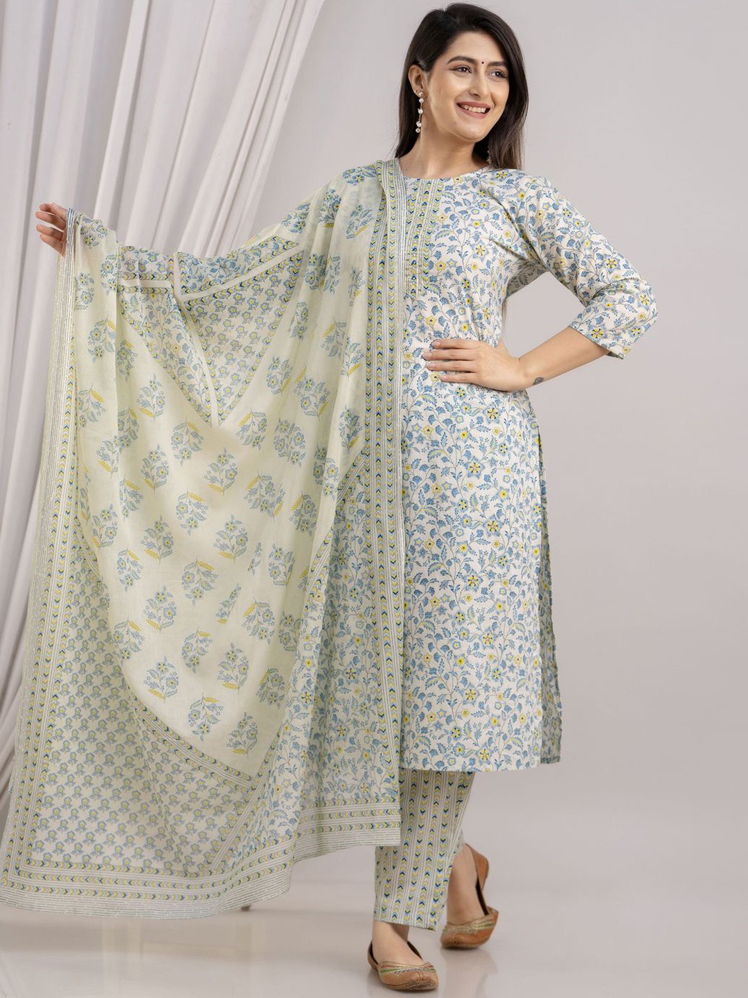 

FrionKandy Floral Printed Straight Sequinned Pure Cotton Kurta with Trousers & Dupatta, Turquoise blue