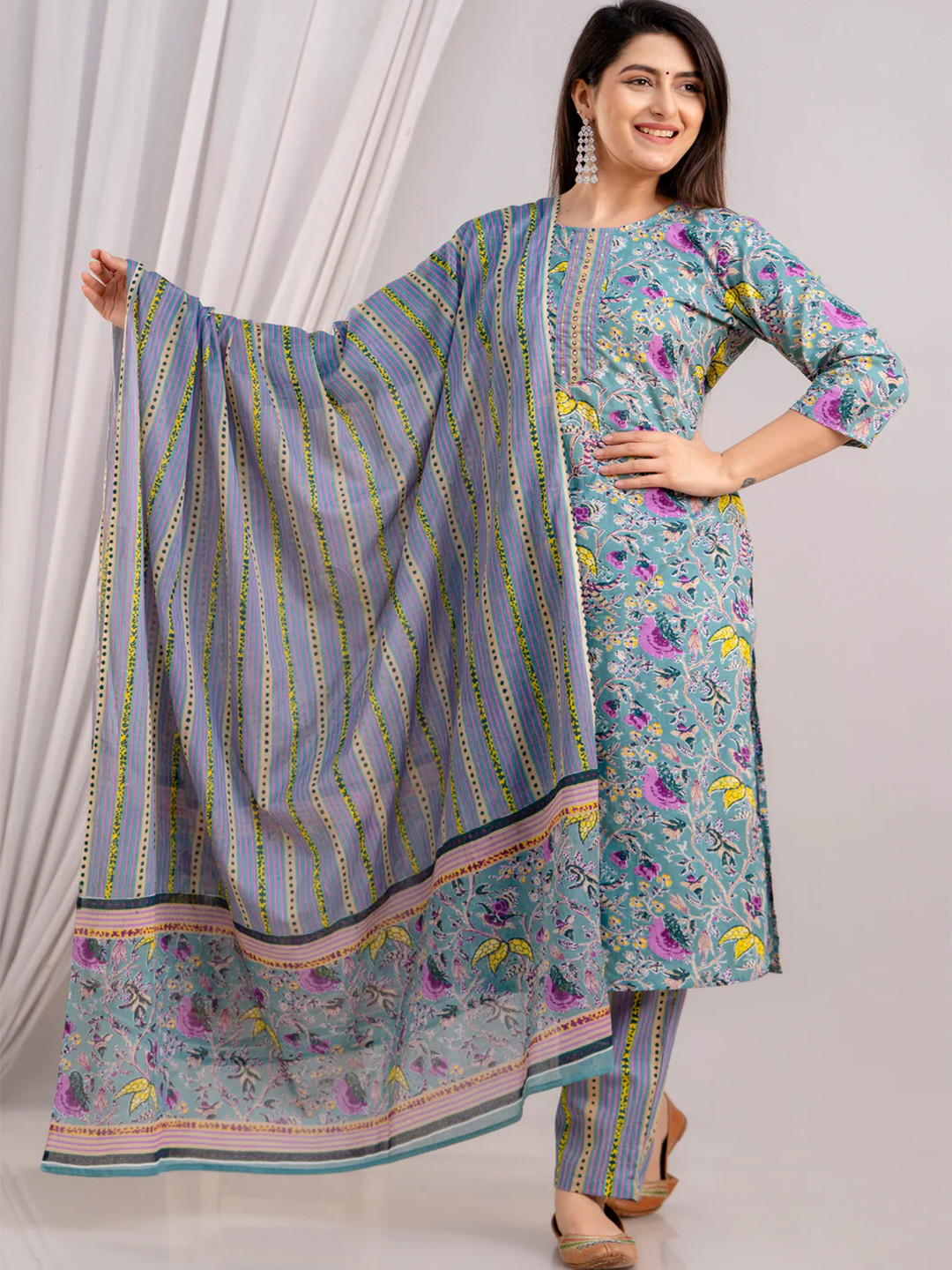 

FrionKandy Floral Printed Straight Mirror Work Pure Cotton Kurta with Trousers & Dupatta, Blue