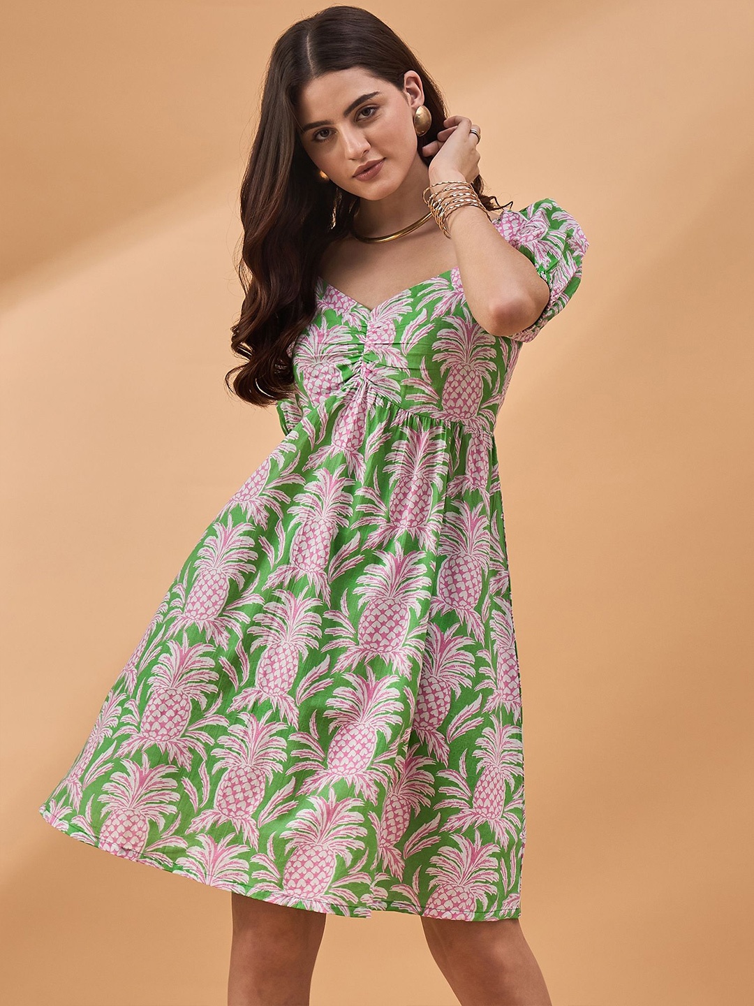 

all about you Women Tropical Print Sweetheart Neck Puff Sleeves A-Line Dress, Pink