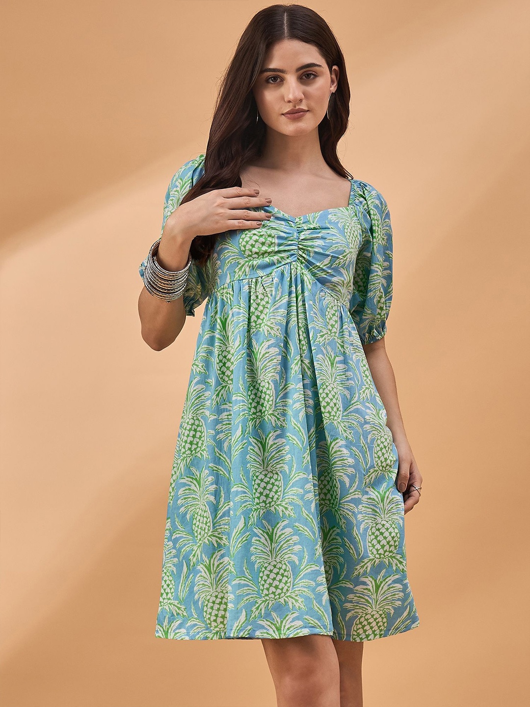 

all about you Cotton Printed Sweetheart Neck Puff Sleeve A-Line Dress, Green