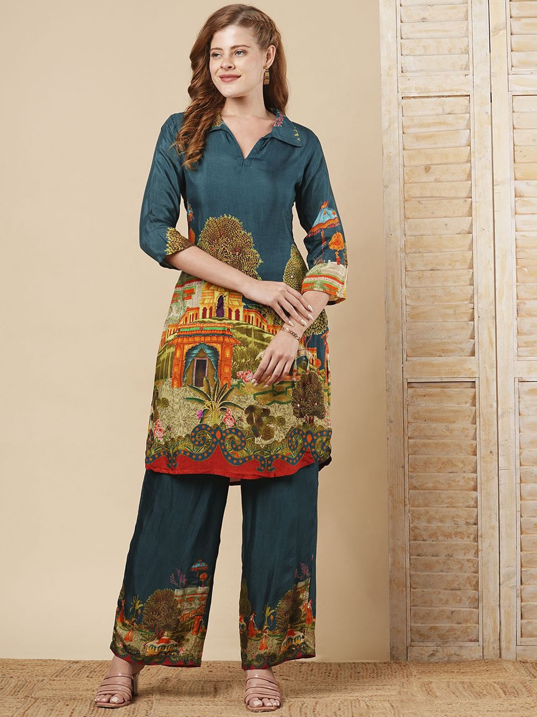 

FASHOR Mughal Miniature Printed Tunic With Trouser, Teal