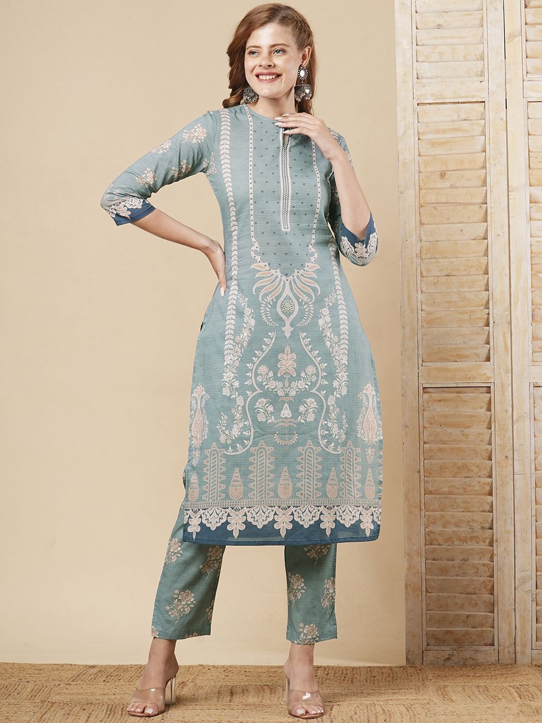 

FASHOR Ethnic Motifs Printed Pure Cotton Straight Kurta With Trousers, Blue