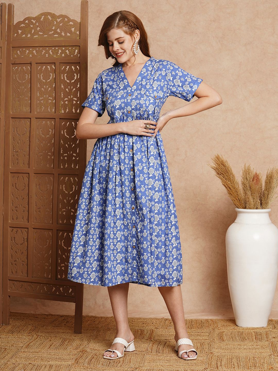 

FASHOR Ethnic Motifs Printed A-Line Midi Dress, Blue