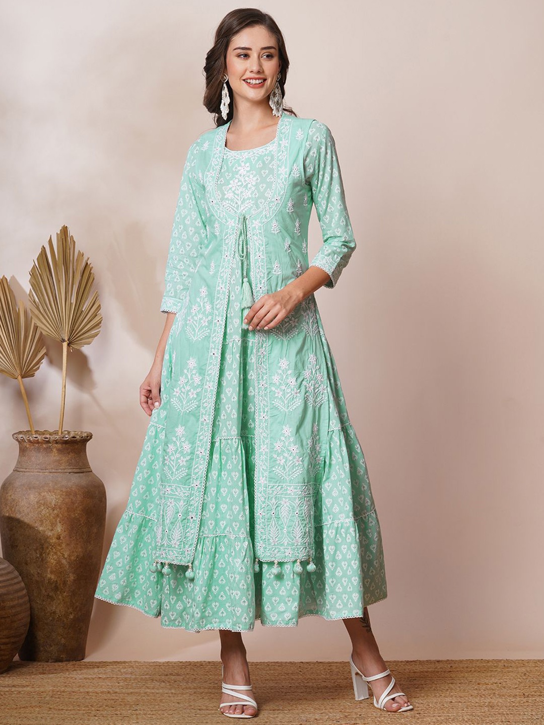 

FASHOR Women Floral Print Round Neck Cotton Maxi Dress, Green