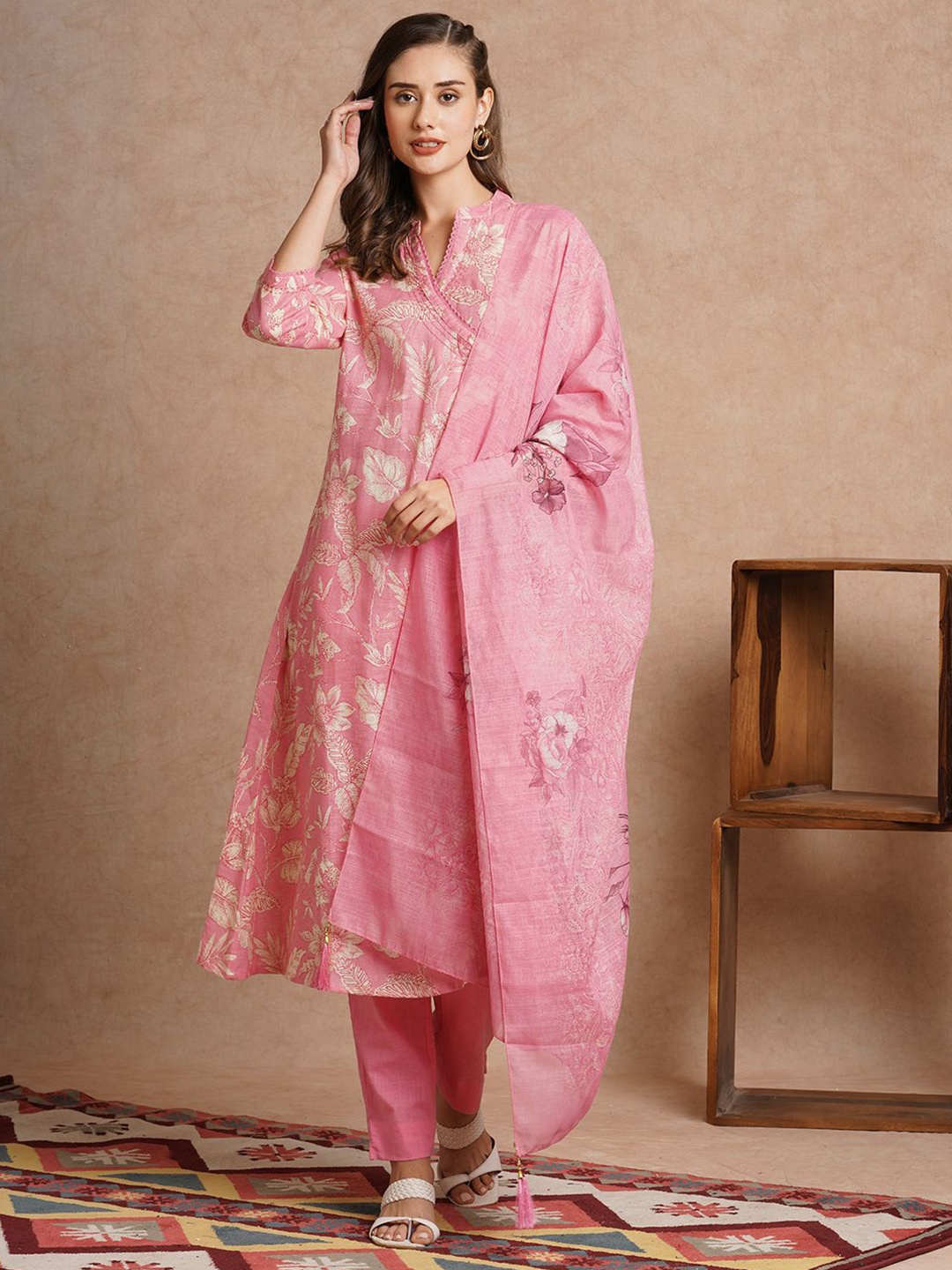 

FASHOR Ethnic Motifs Printed Sequinned Pure Cotton A-Line Kurta With Trousers & Dupatta, Pink