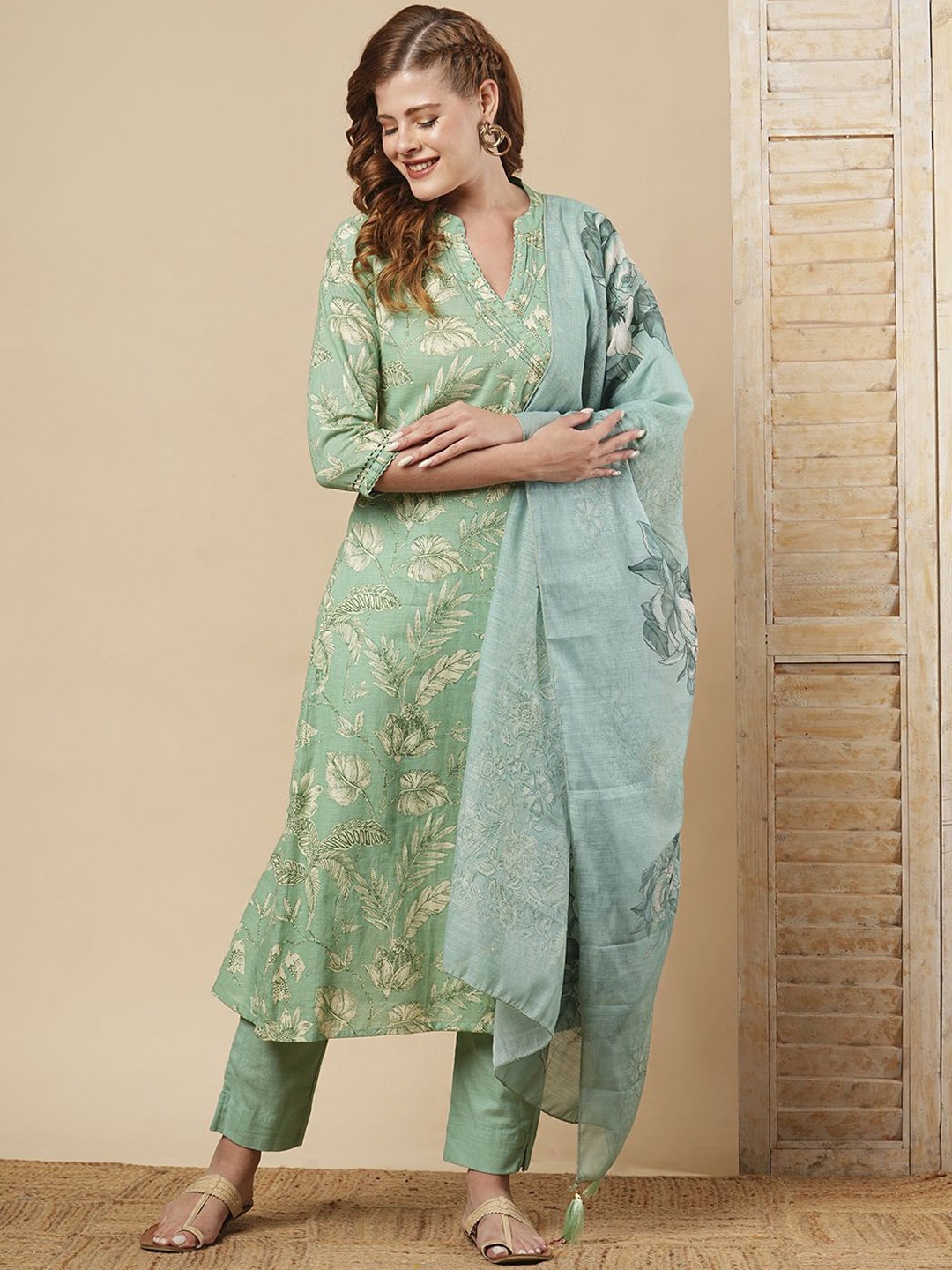 

FASHOR Ethnic Motifs Printed Sequinned Pure Cotton A-Line Kurta With Trousers & Dupatta, Green