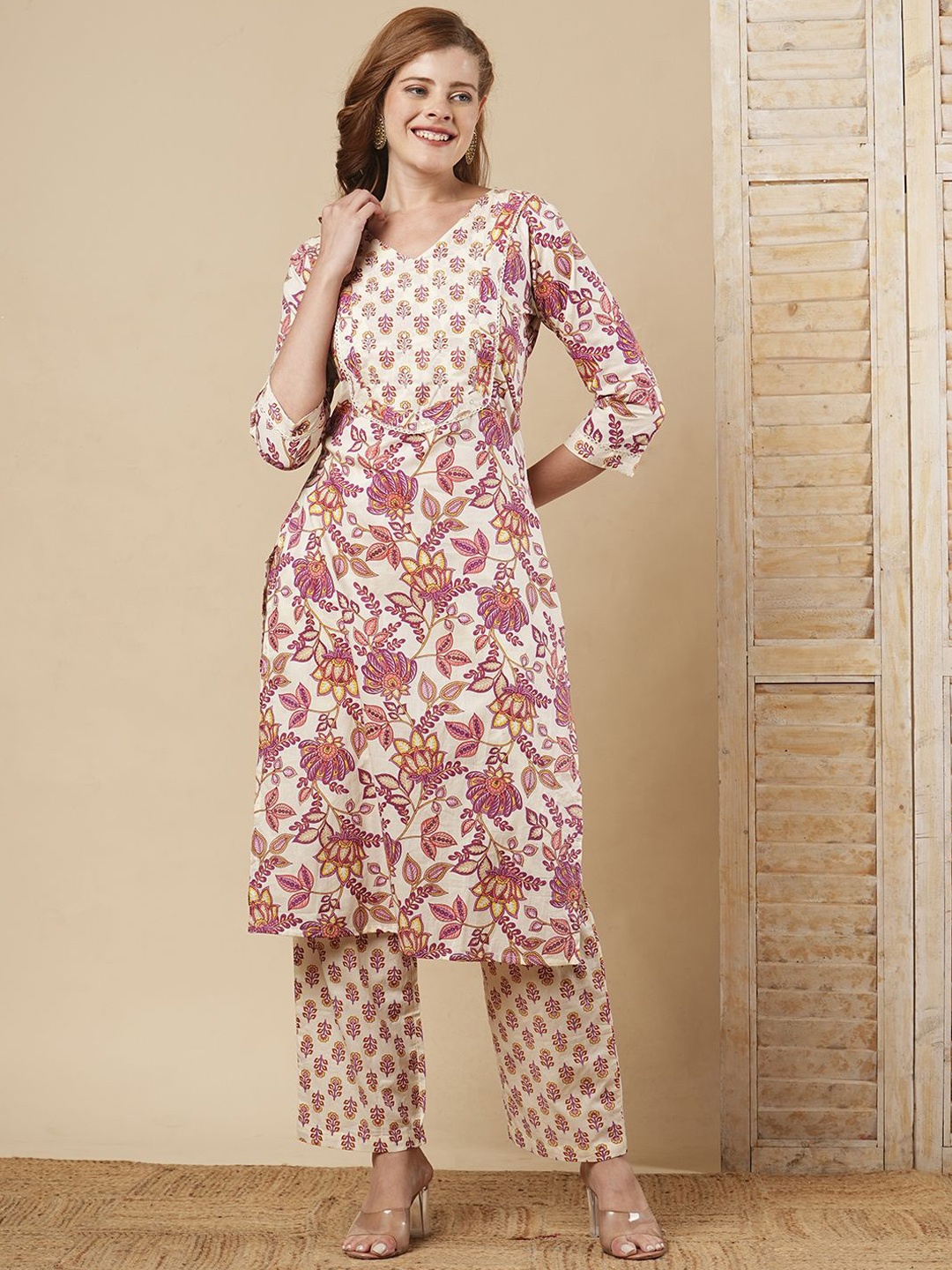 

FASHOR Floral Printed Sequinned Pure Cotton Straight Kurta With Trousers, Off white