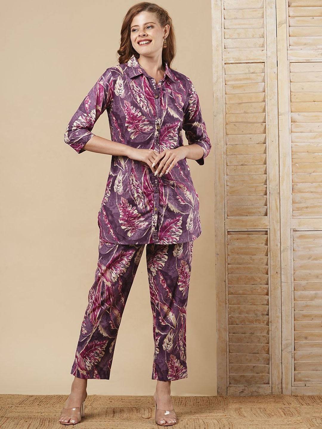 

FASHOR Floral Printed Straight Fit Shirt With Trouser, Purple