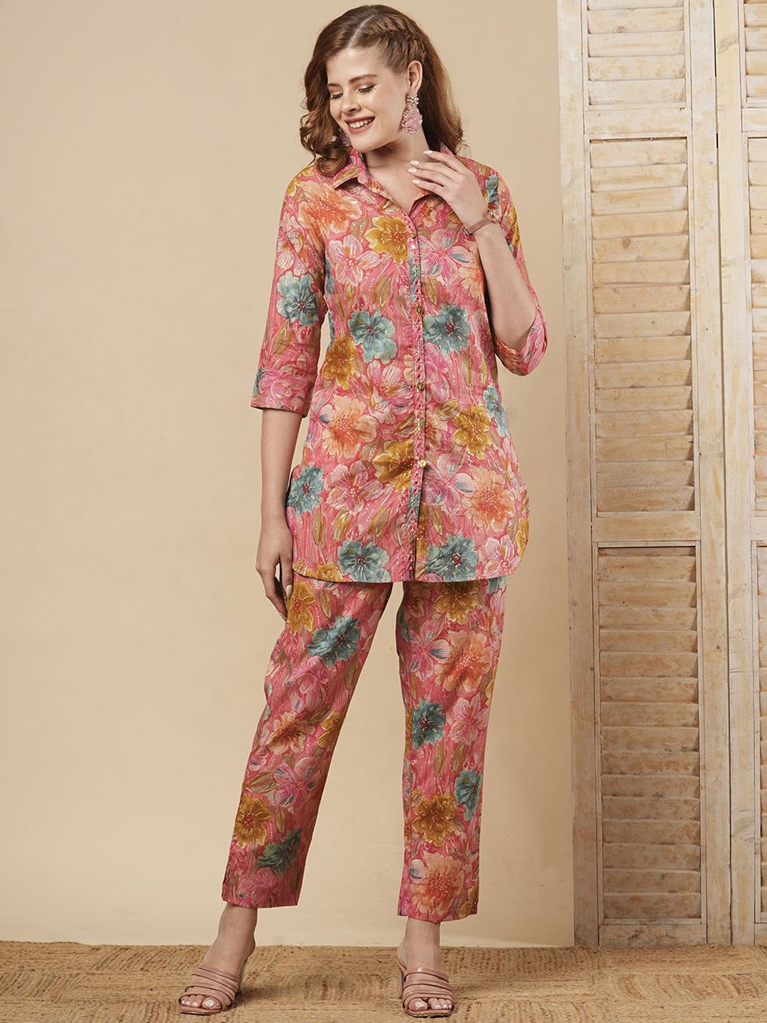 

FASHOR Floral Printed Straight Fit Tunic & Trouser, Pink