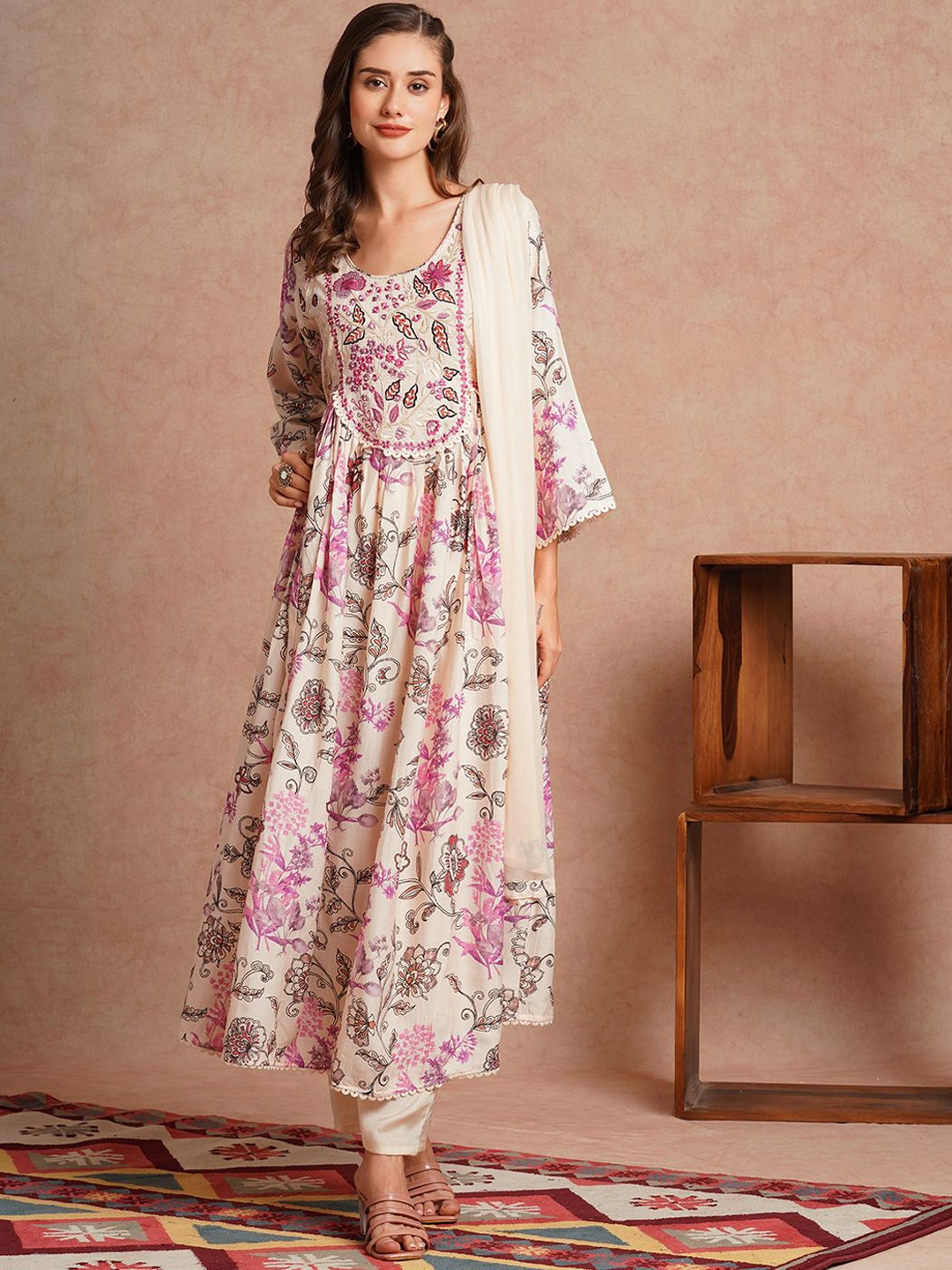 

FASHOR Floral Printed Pleated Beads and Stones A-Line Kurta With Trousers & Dupatta, Cream