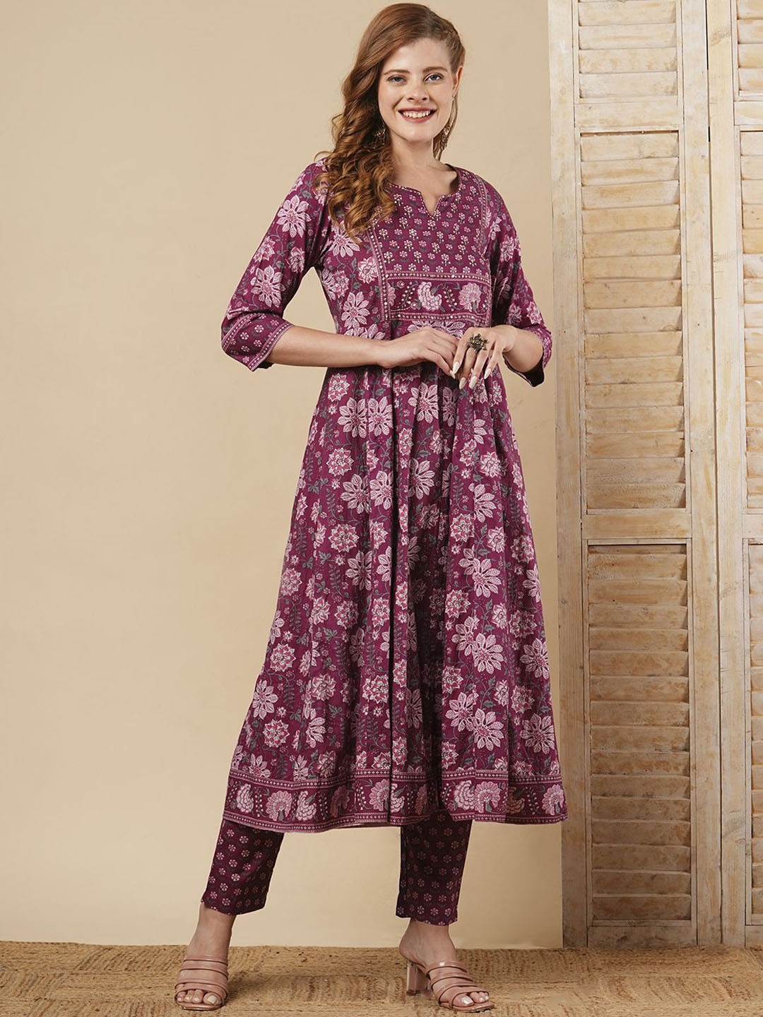 

FASHOR Floral Printed Sequinned Pure Cotton A-Line Kurta With Trousers, Mauve