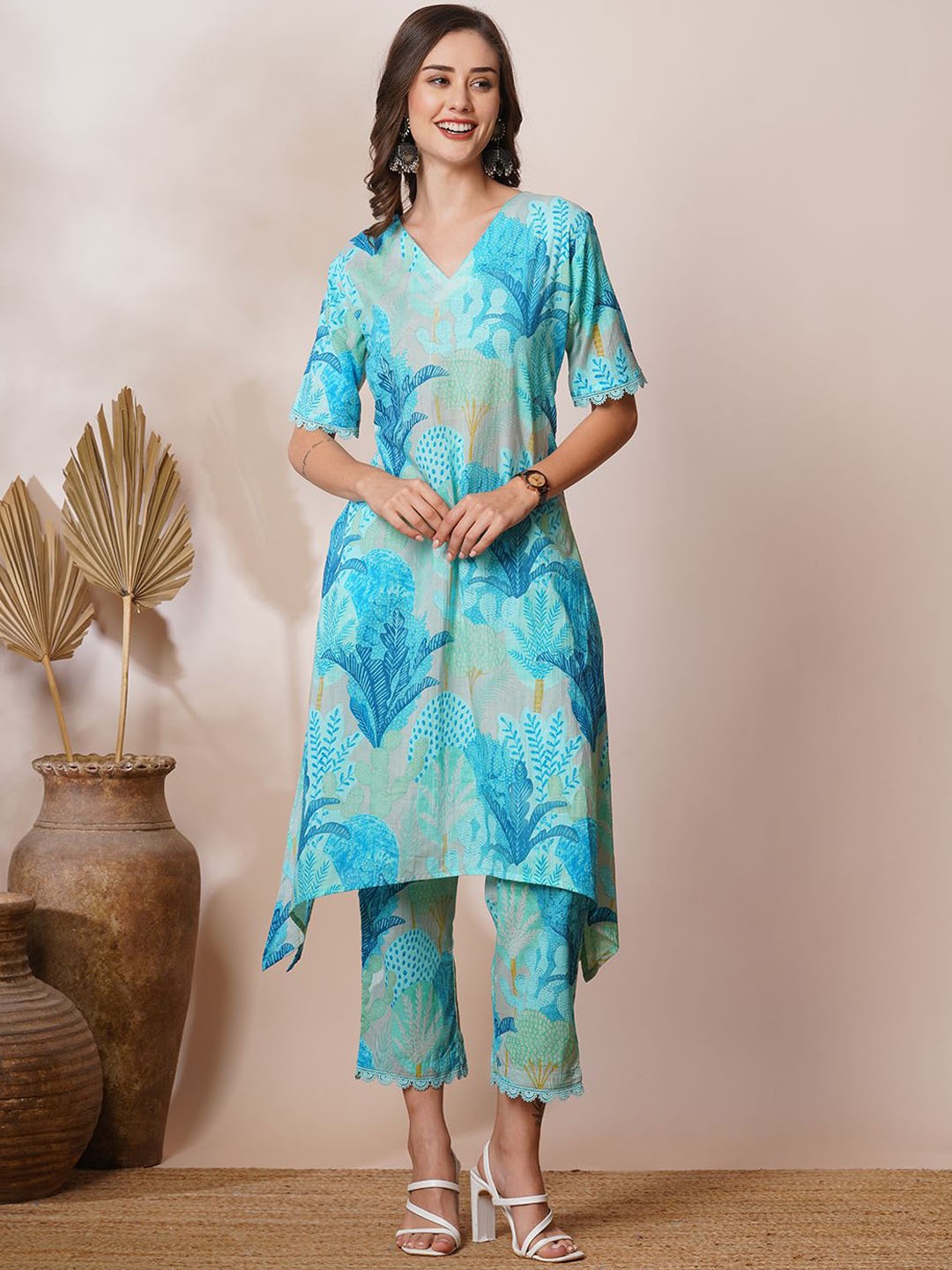 

FASHOR Floral Printed Tunic & Trouser, Blue