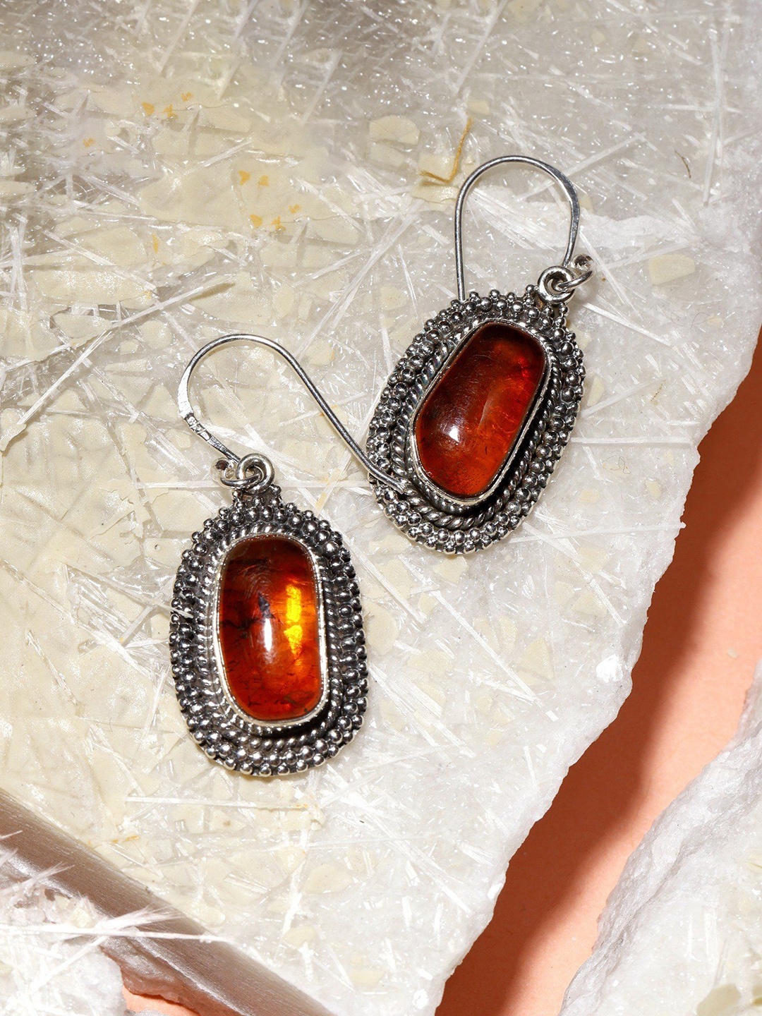 

Exotic India Amber Gemstone Sterling Silver Hook Earrings, Red