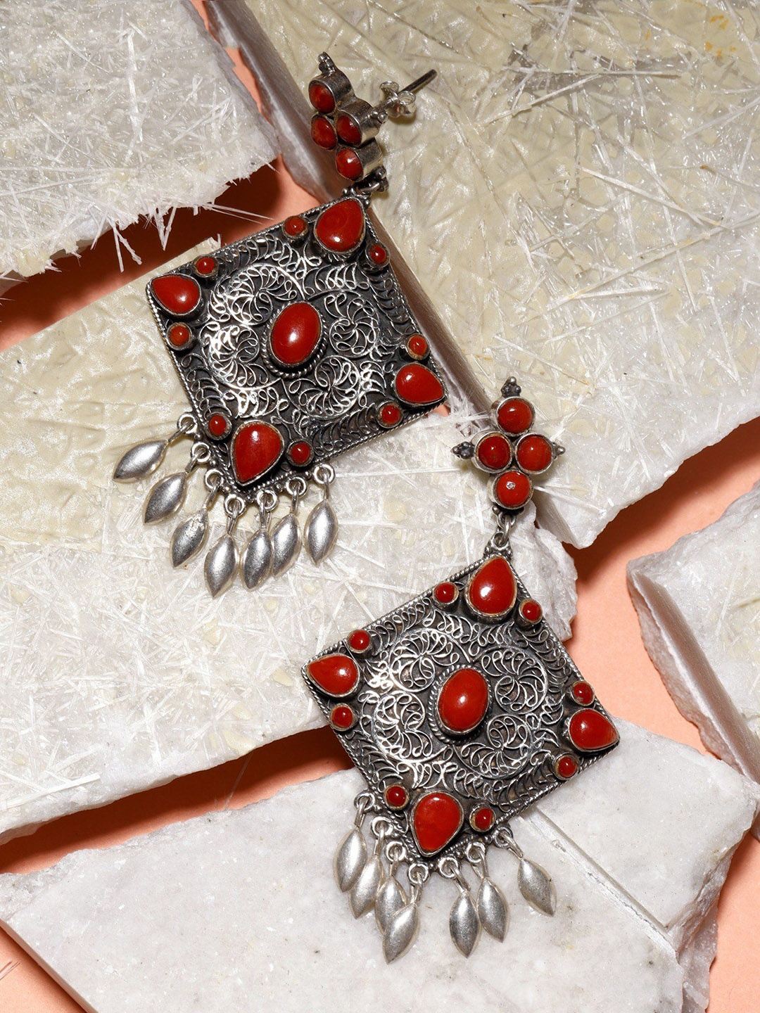 

Exotic India Coral Stone Sterling Silver Filigree Earrings