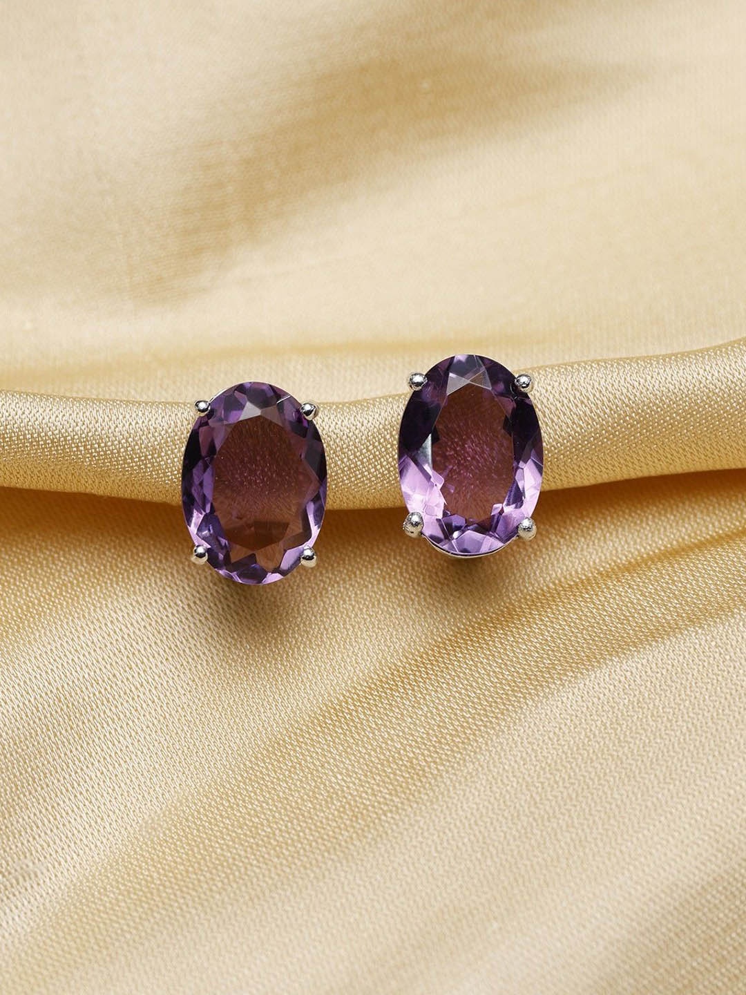 

Exotic India Faceted Amethyst Gemstone Oval Shape Sterling Silver Earrings, Purple