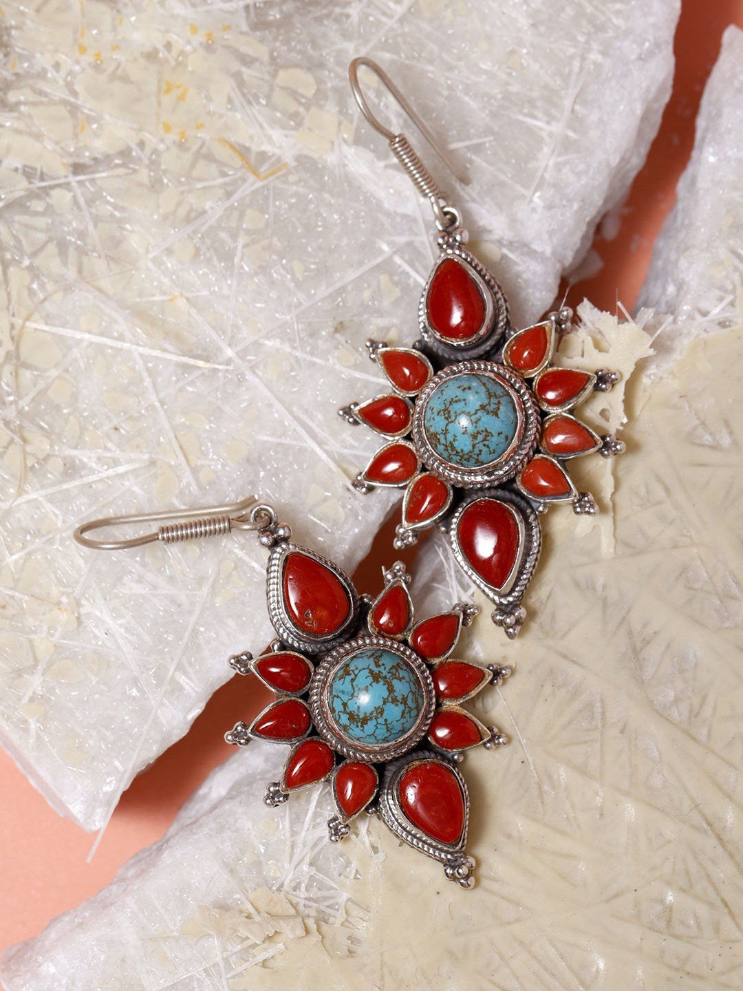 

Exotic India Coral and Tibetan Turquoise Floral Design Sterling Silver Earrings