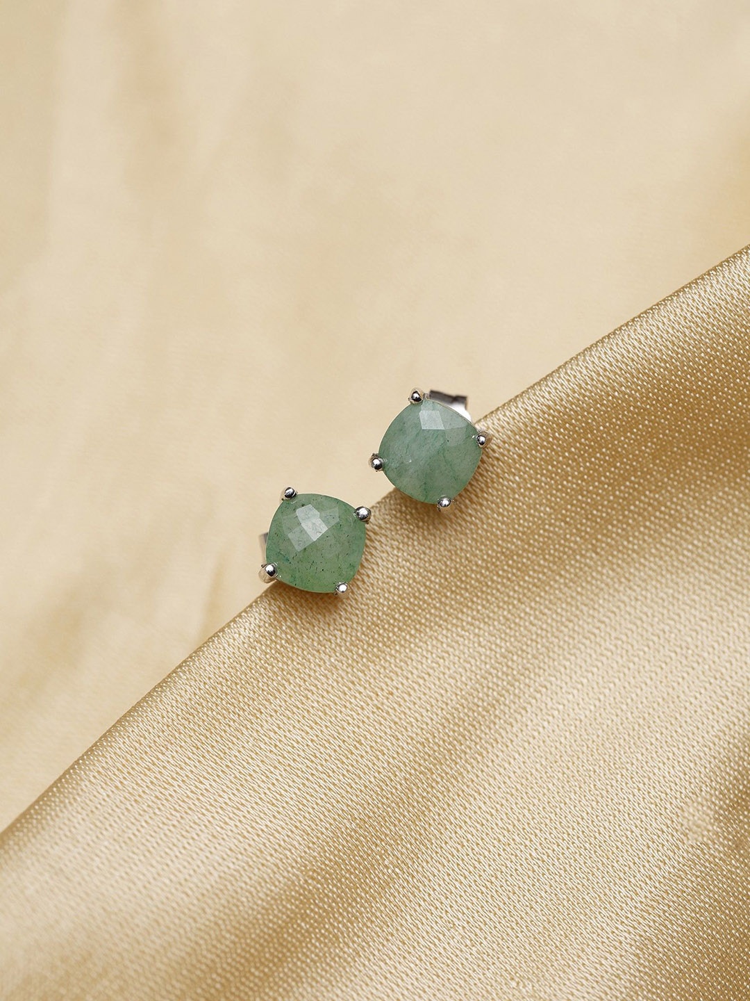 

Exotic India Faceted Chrysoprase Stone Stud Sterling Silver Earrings, Green