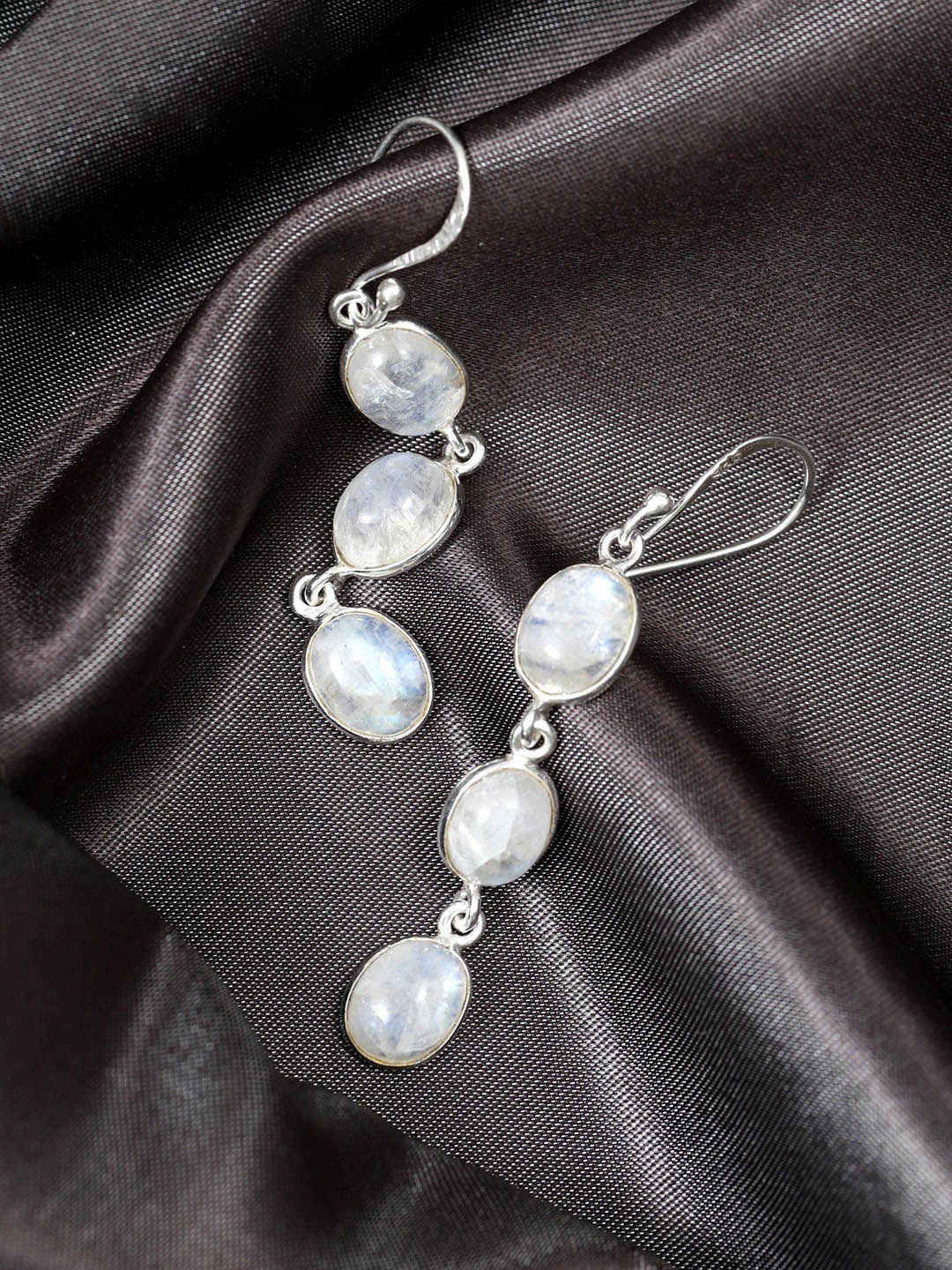 

Exotic India Rainbow Moonstone Sterling Silver Dangling Earrings, White