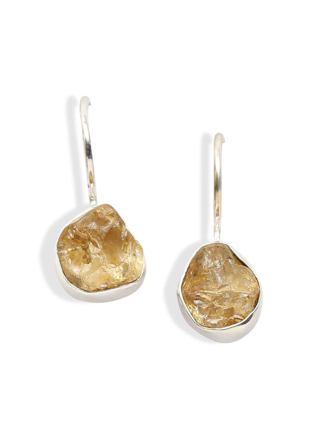 

Exotic India Raw Citrine Gemstone Sterling Silver Hook Earrings, Yellow